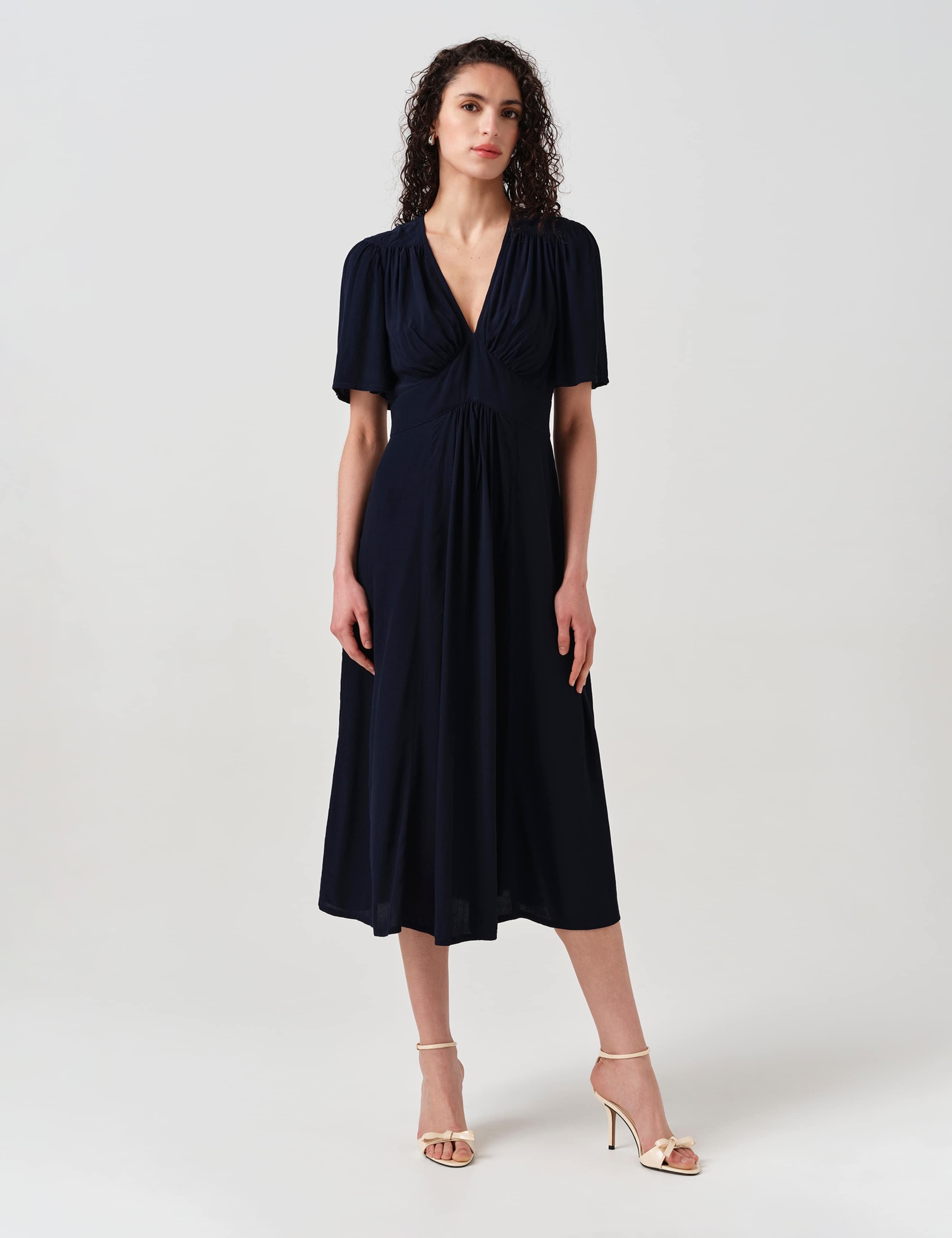 Crepe V-Neck Angel Sleeve Midi Tea Dress 4 of 6