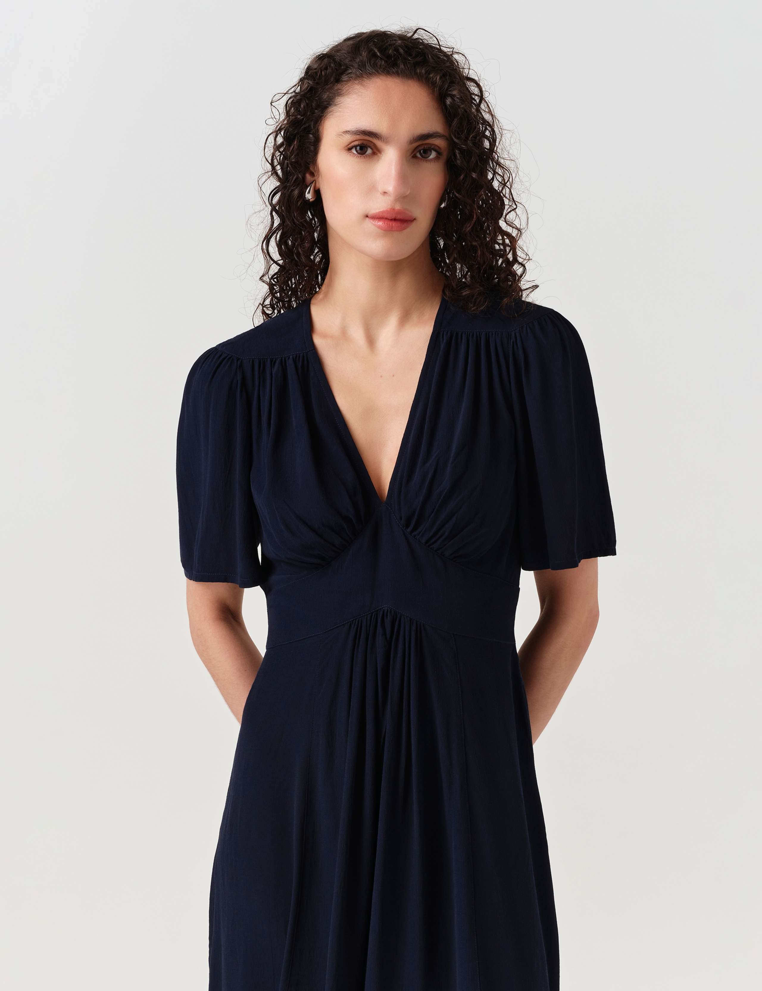 Crepe V-Neck Angel Sleeve Midi Tea Dress 6 of 6