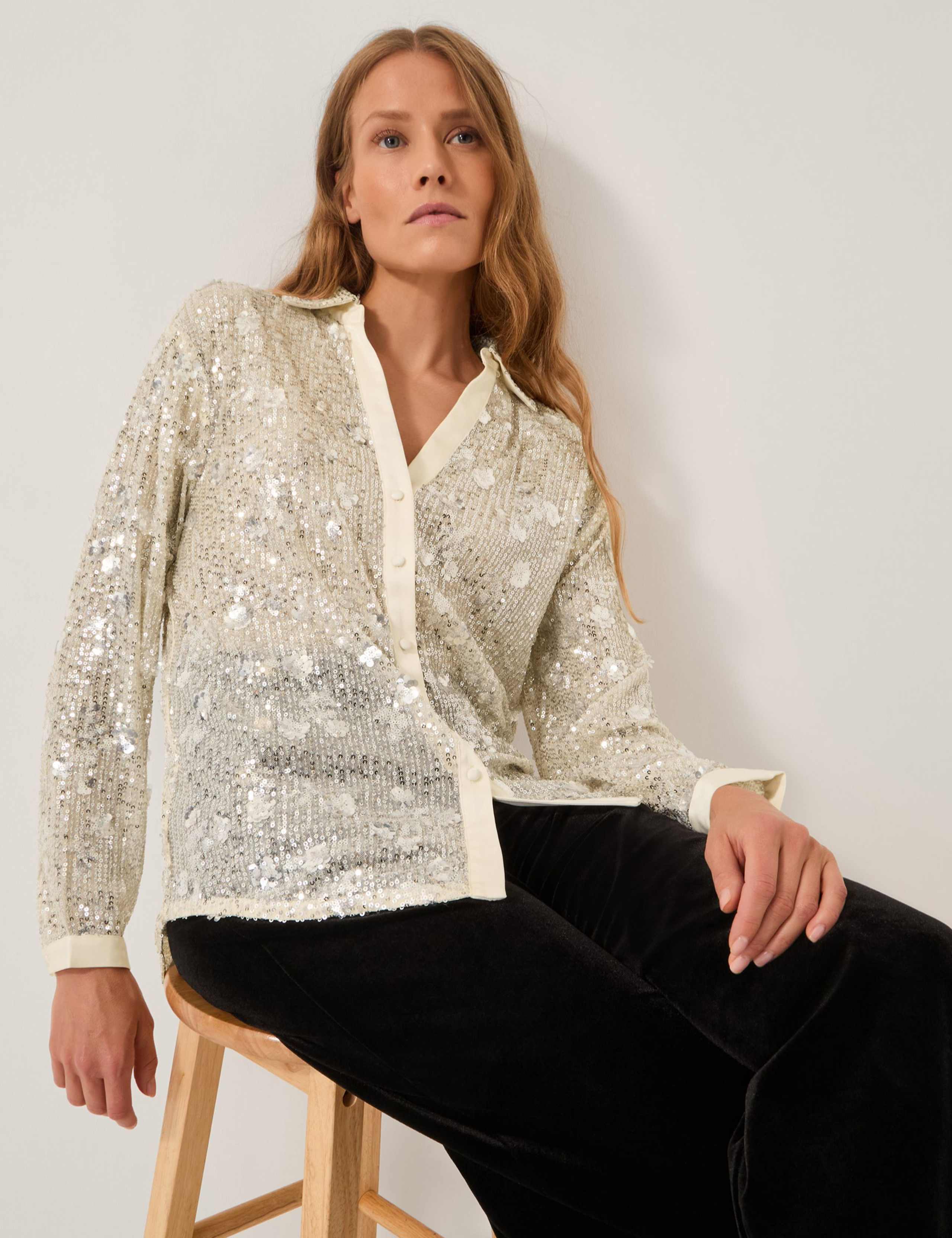 Sequin Collared V-Neck Shirt 1 of 3