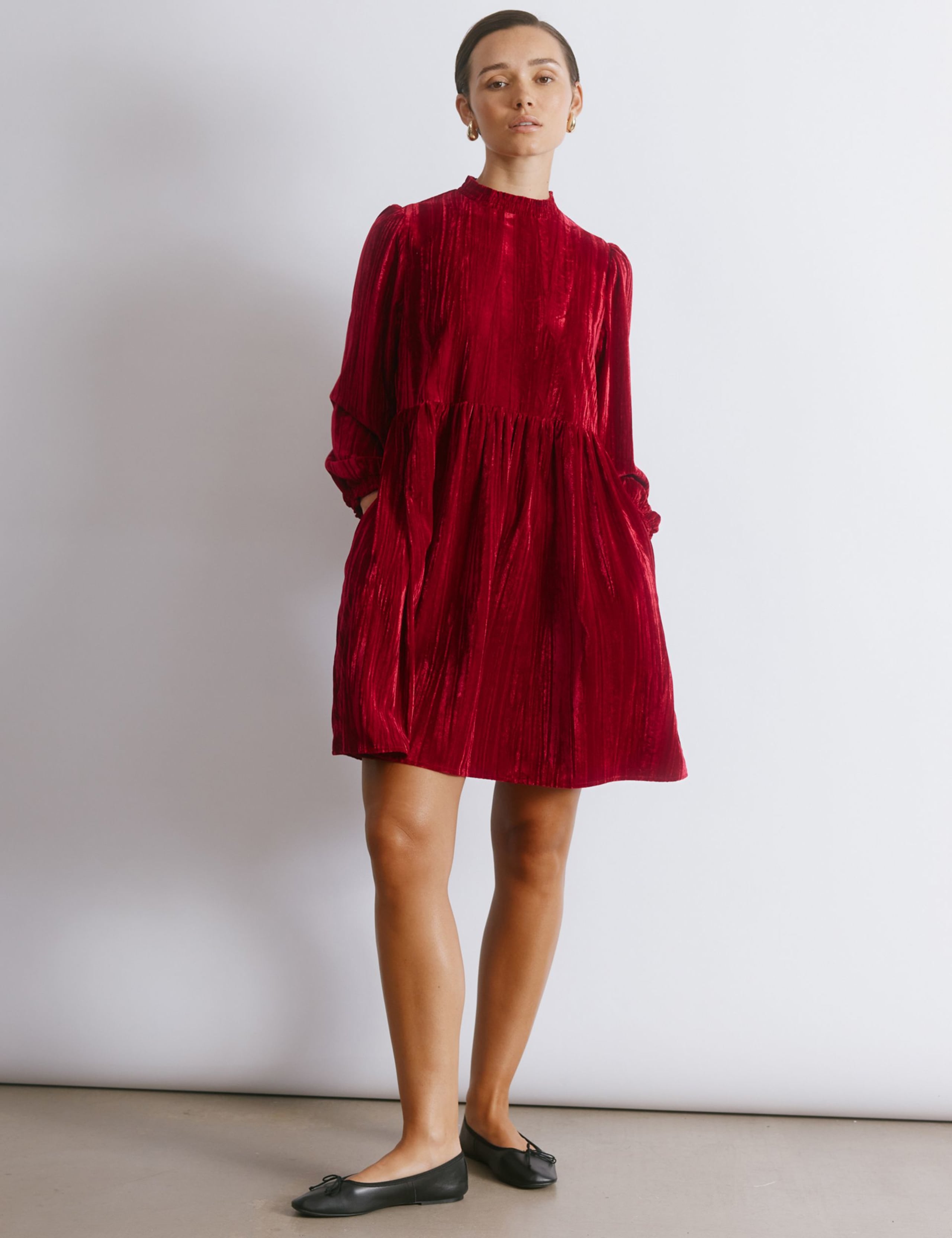 Crushed Velvet High Neck Mini Skater Dress 1 of 5