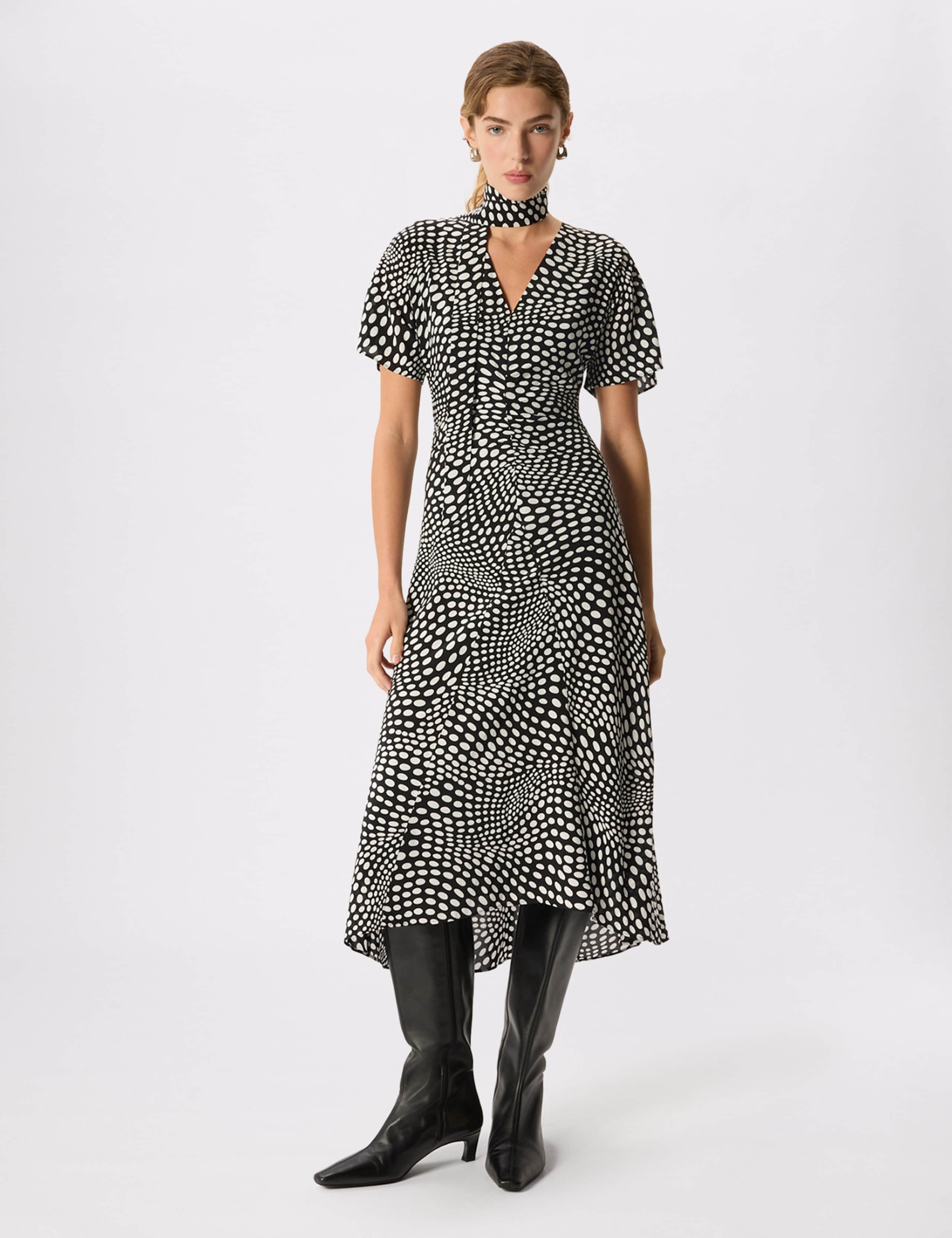 Polka Dot V-Neck Scarf Neck Midi Column Dress 3 of 7