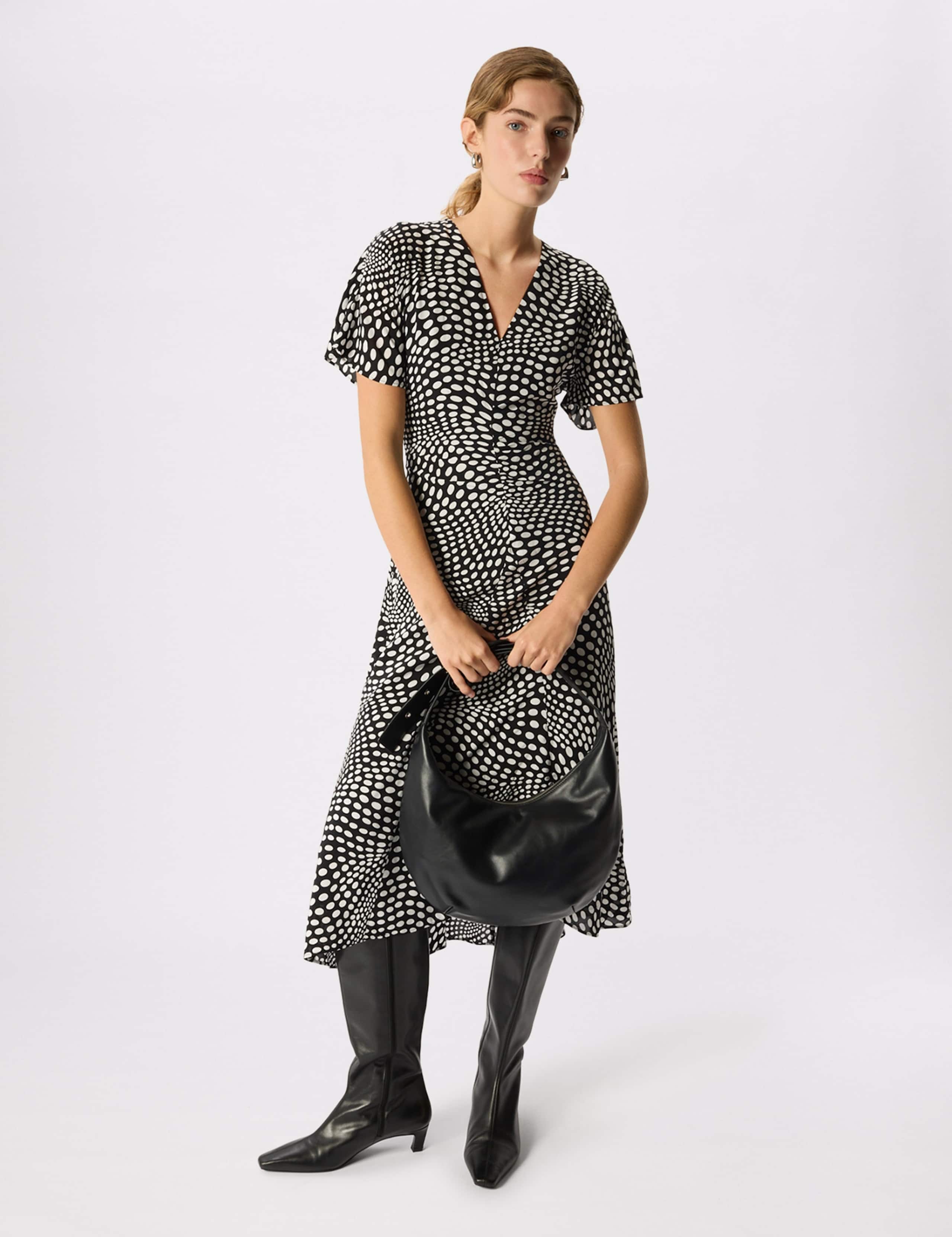 Polka Dot V-Neck Scarf Neck Midi Column Dress 6 of 7