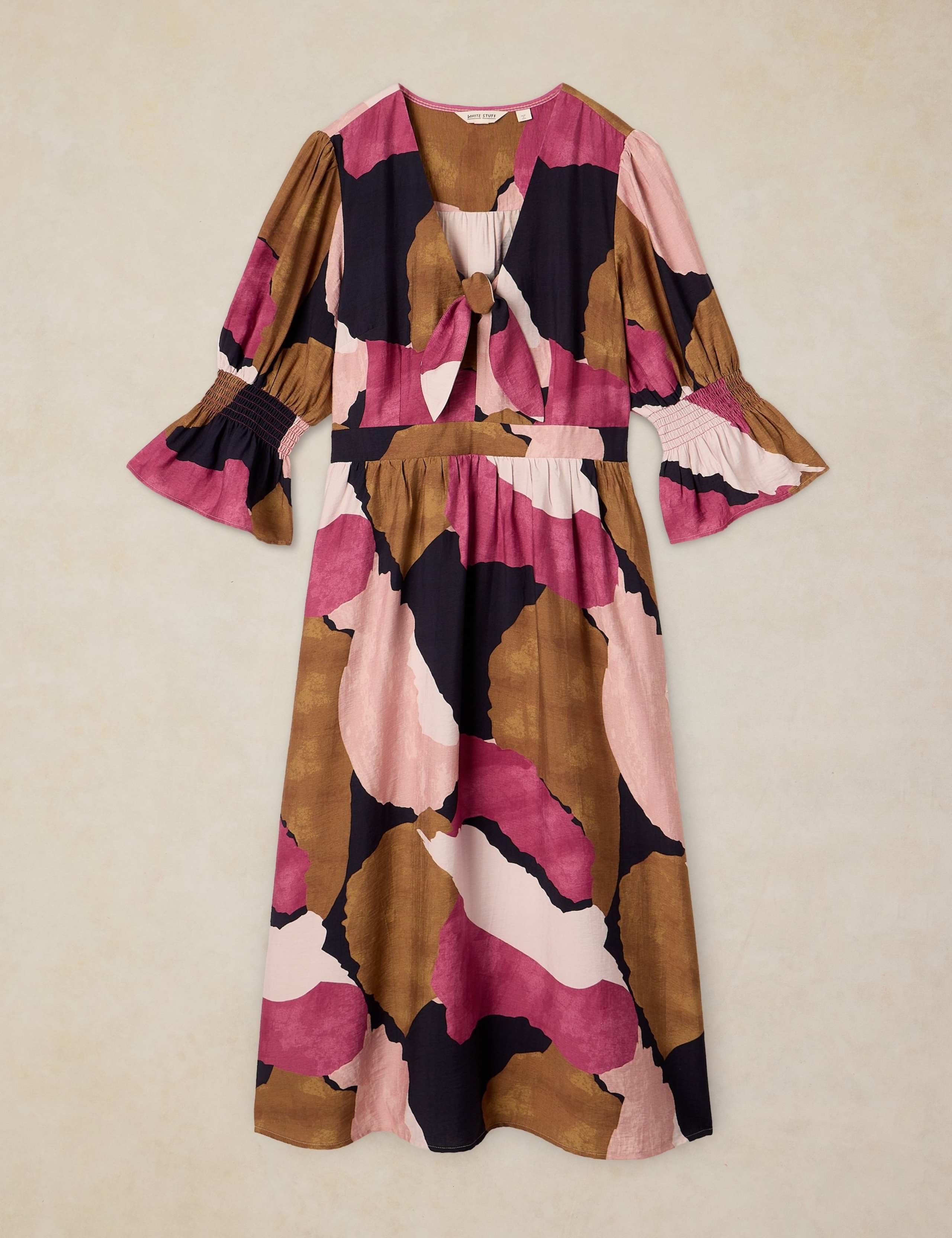 Printed Knotted V-Neck Midi Waisted Dress 2 of 6