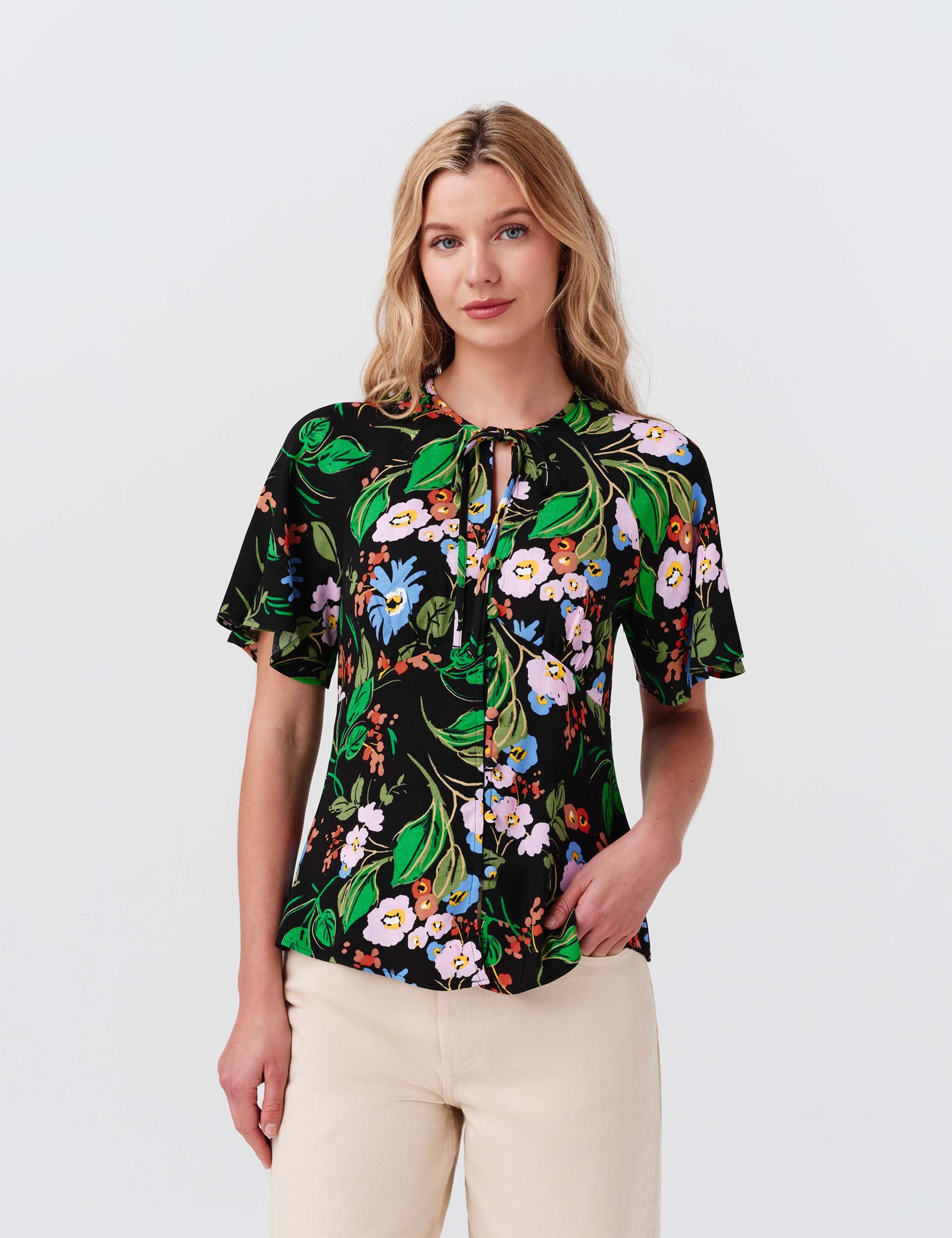 Crepe Floral Tie Neck Angel Sleeve Top 1 of 8