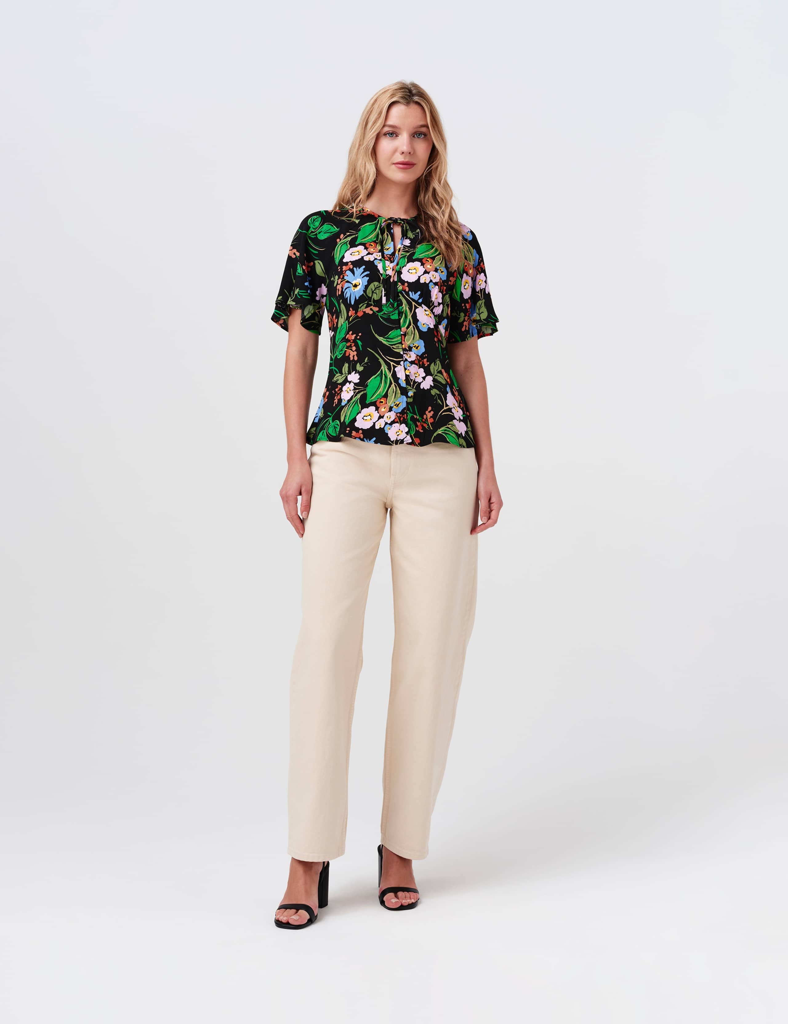 Crepe Floral Tie Neck Angel Sleeve Top 2 of 8