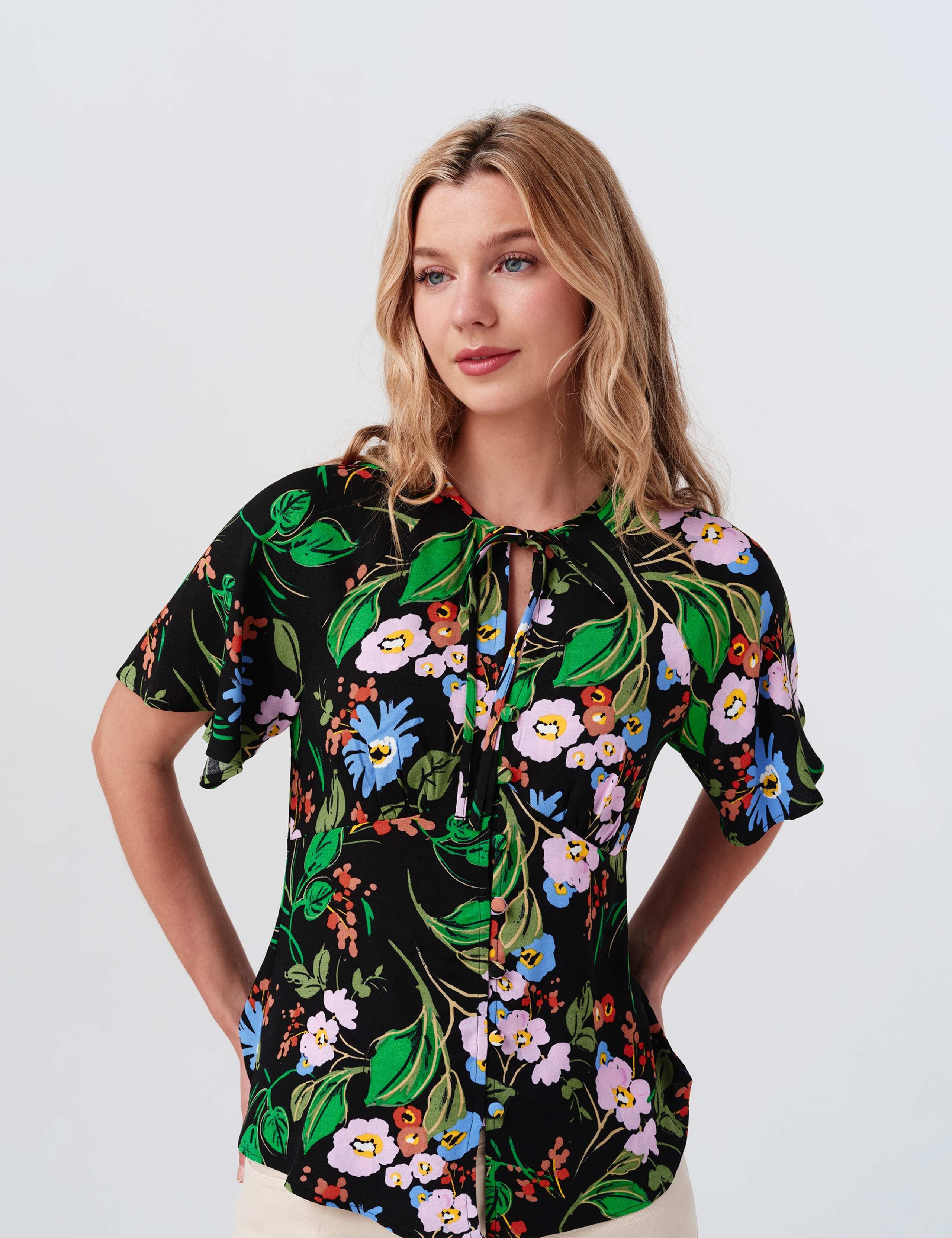 Crepe Floral Tie Neck Angel Sleeve Top 3 of 8
