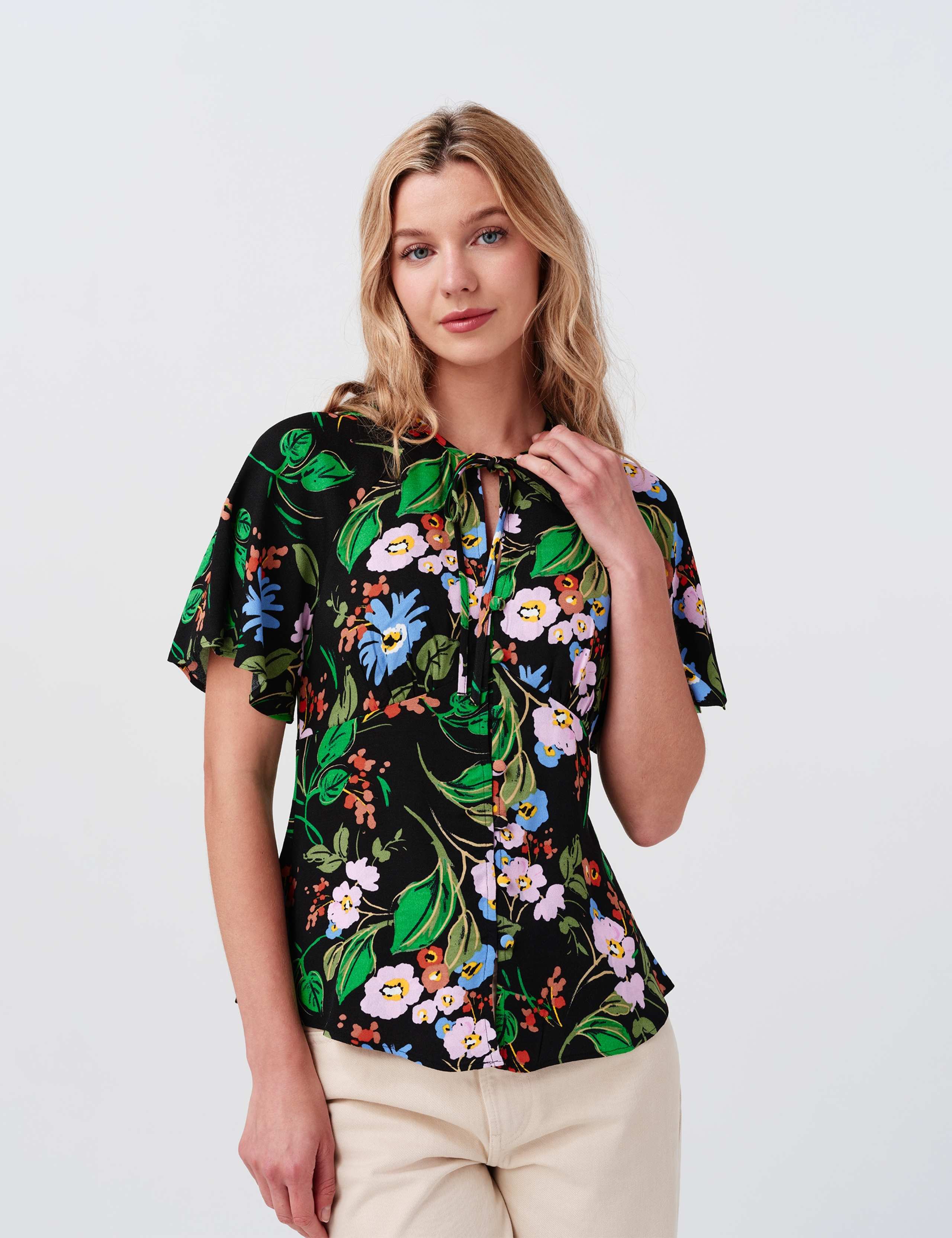 Crepe Floral Tie Neck Angel Sleeve Top 4 of 8