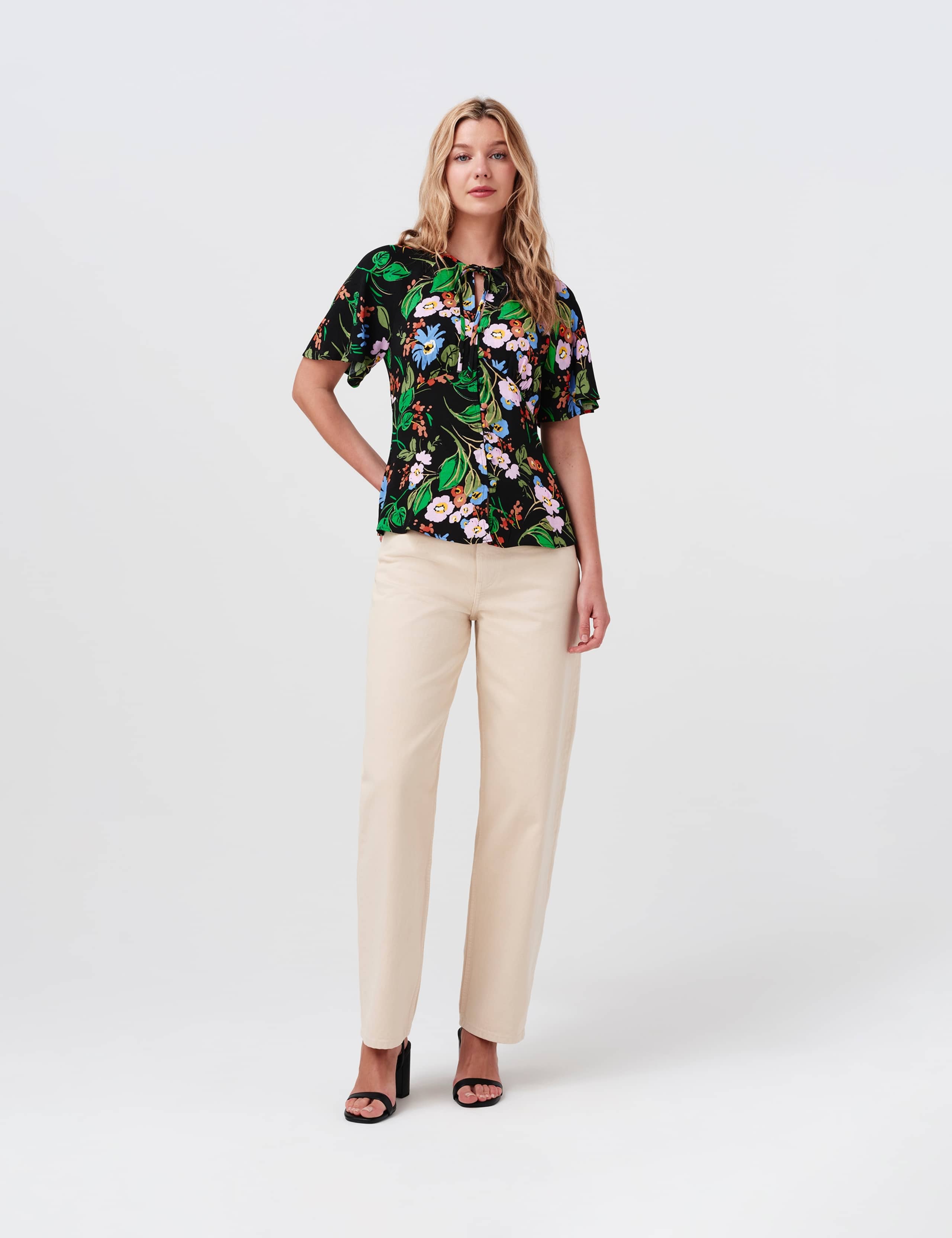 Crepe Floral Tie Neck Angel Sleeve Top 5 of 8