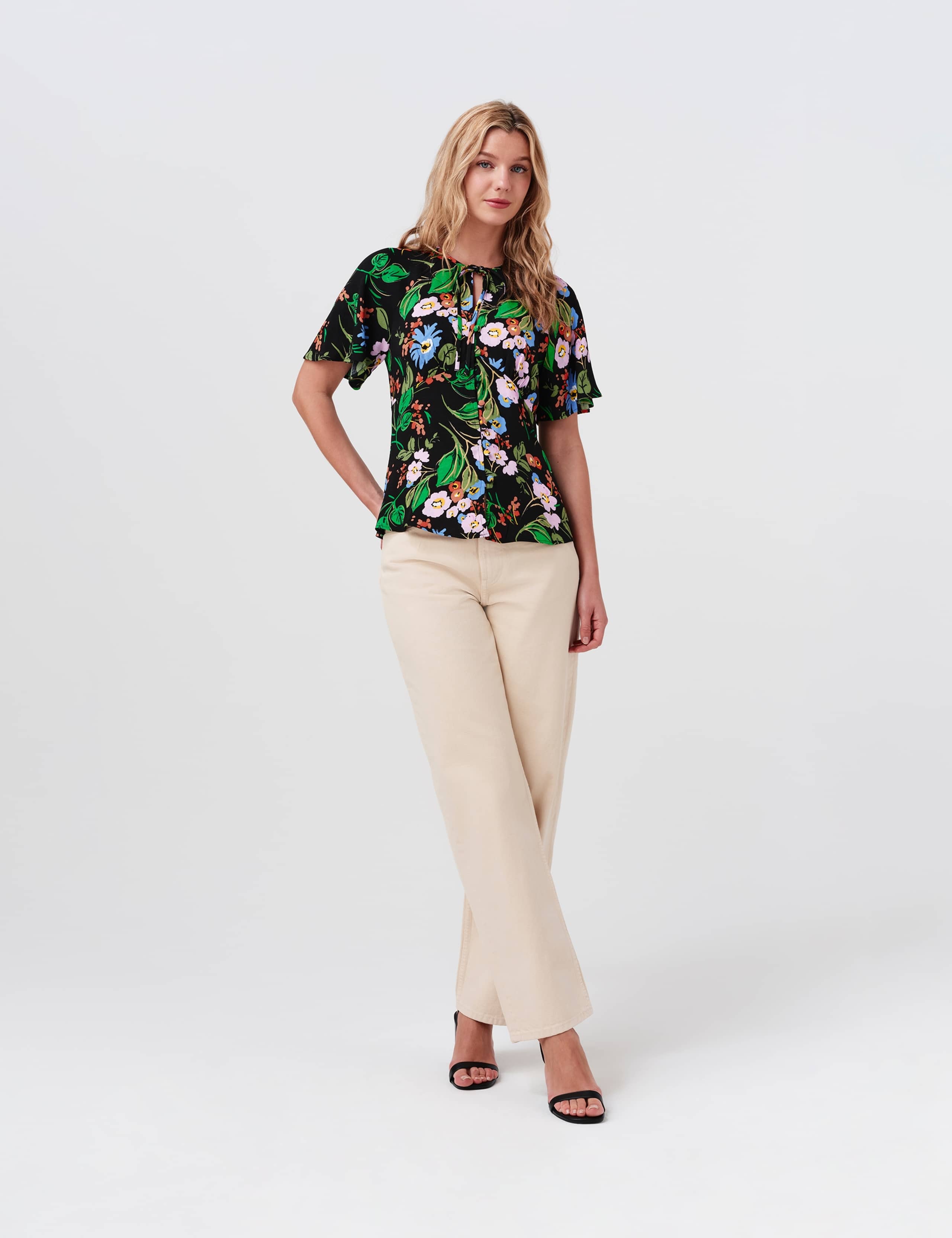 Crepe Floral Tie Neck Angel Sleeve Top 6 of 8