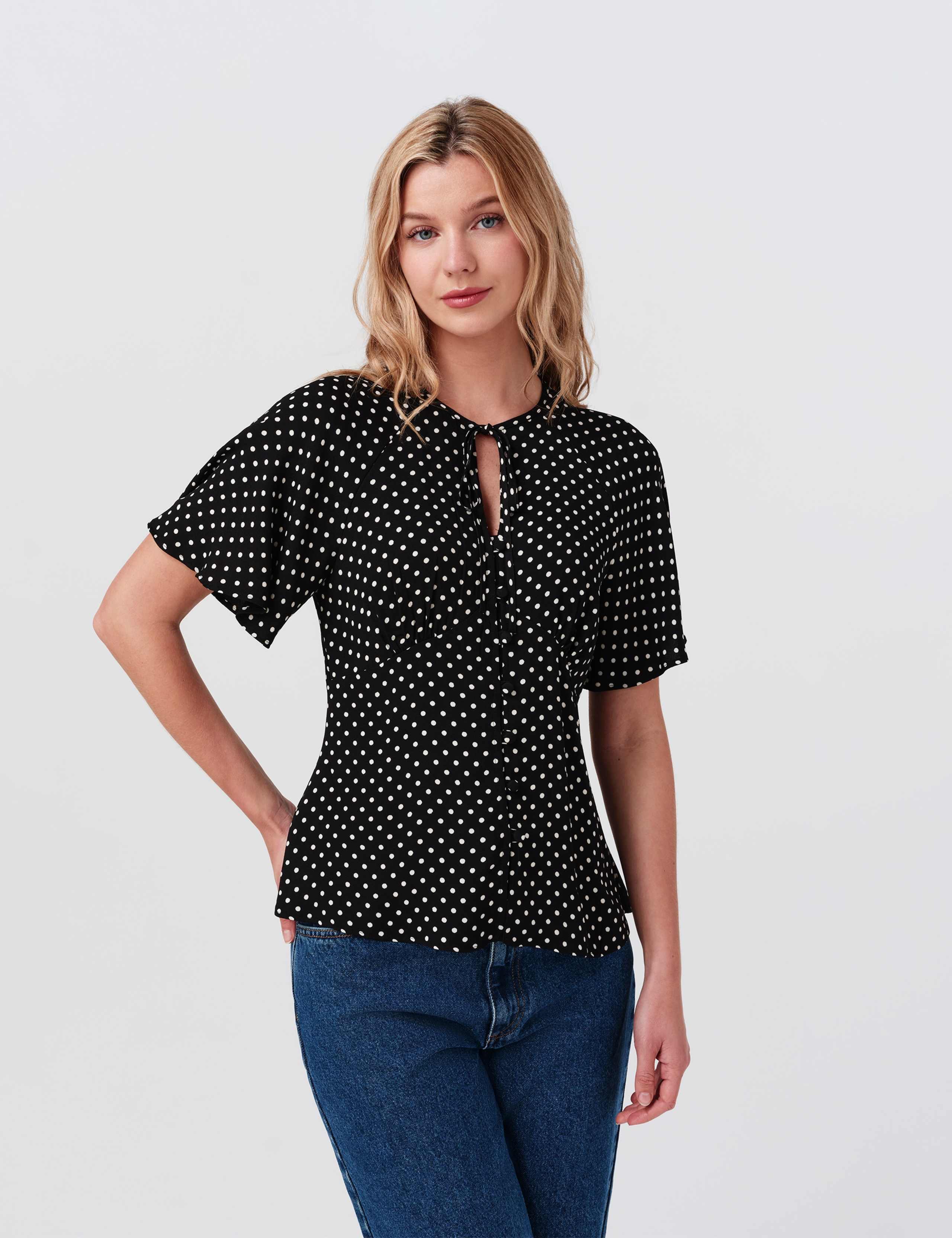 Crepe Polka Dot Tie Neck Angel Sleeve Top 1 of 8