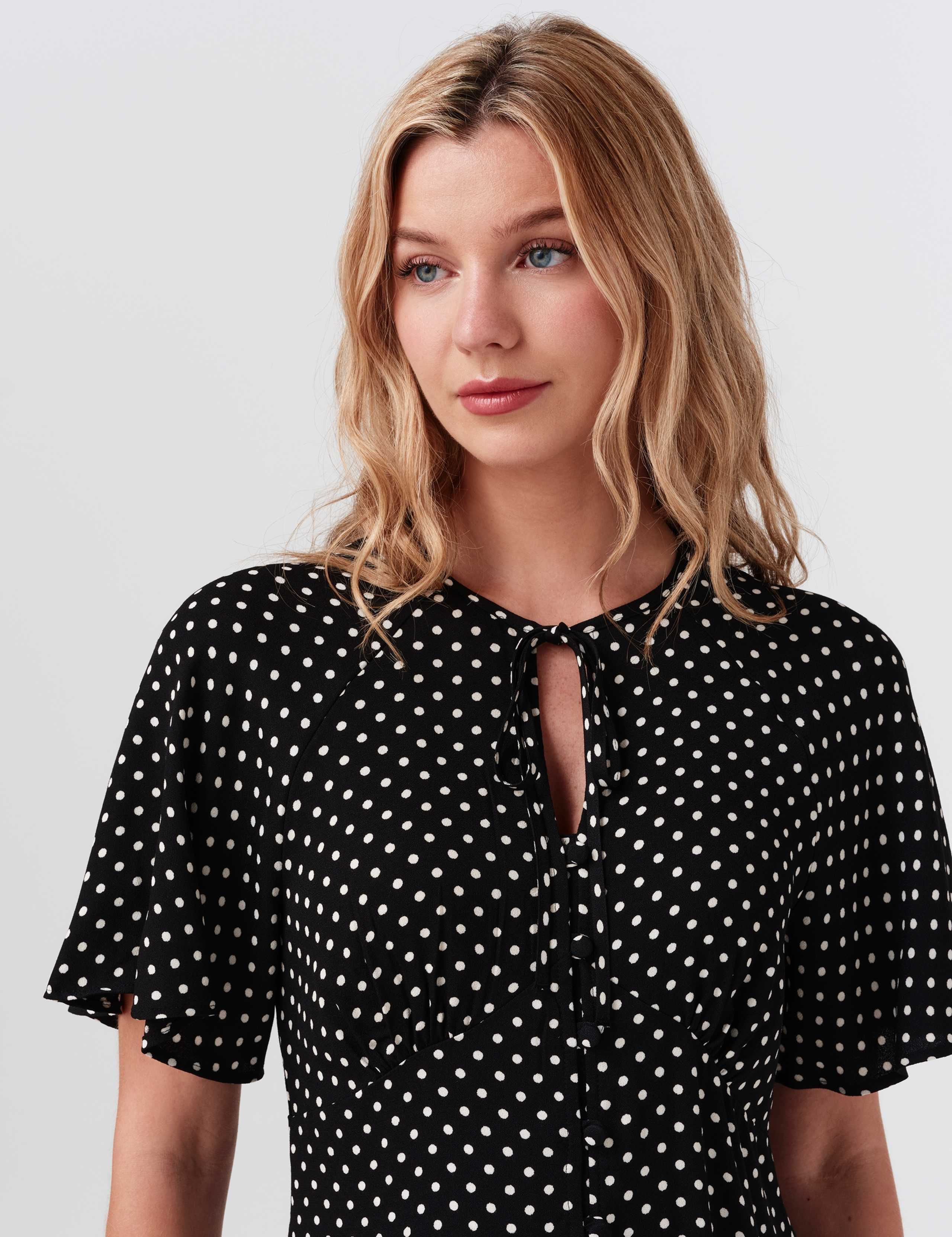Crepe Polka Dot Tie Neck Angel Sleeve Top 2 of 8