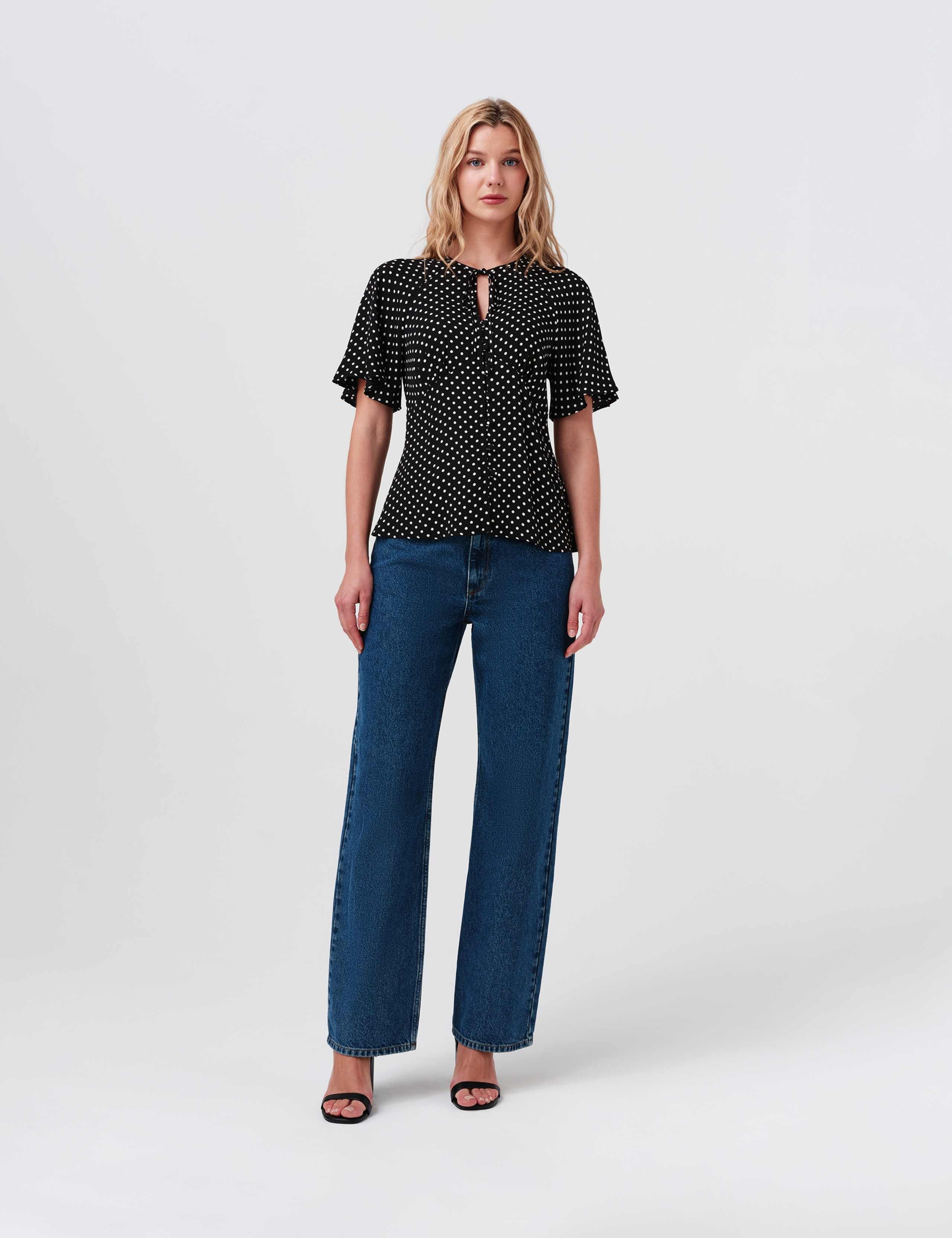 Crepe Polka Dot Tie Neck Angel Sleeve Top 3 of 8