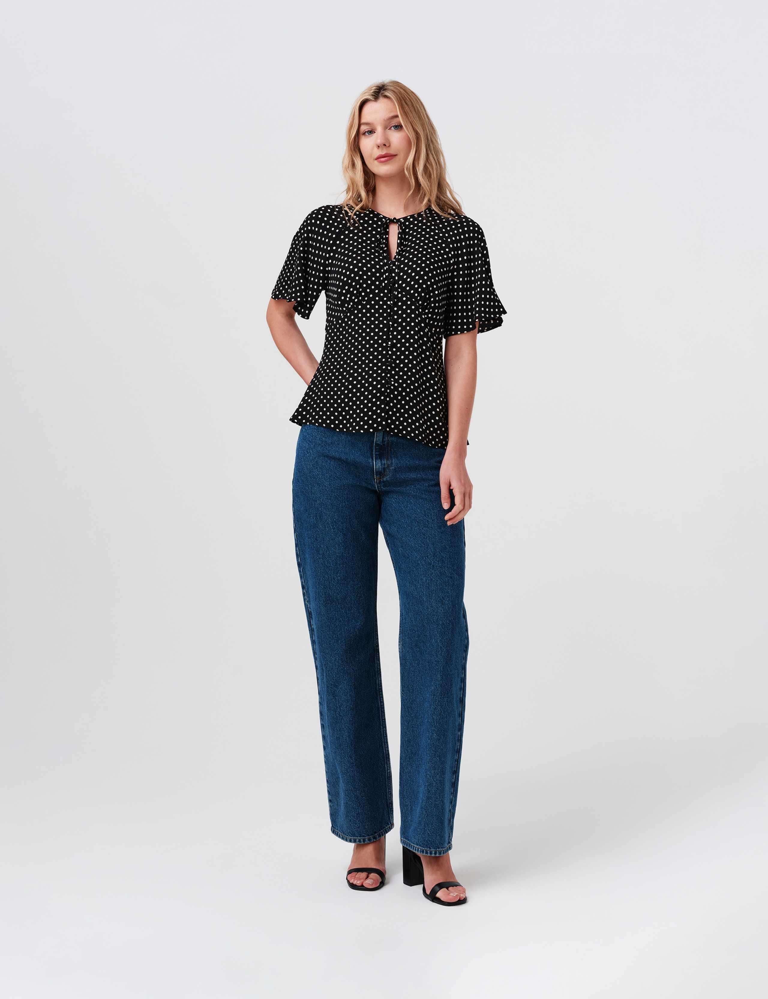 Crepe Polka Dot Tie Neck Angel Sleeve Top 5 of 8
