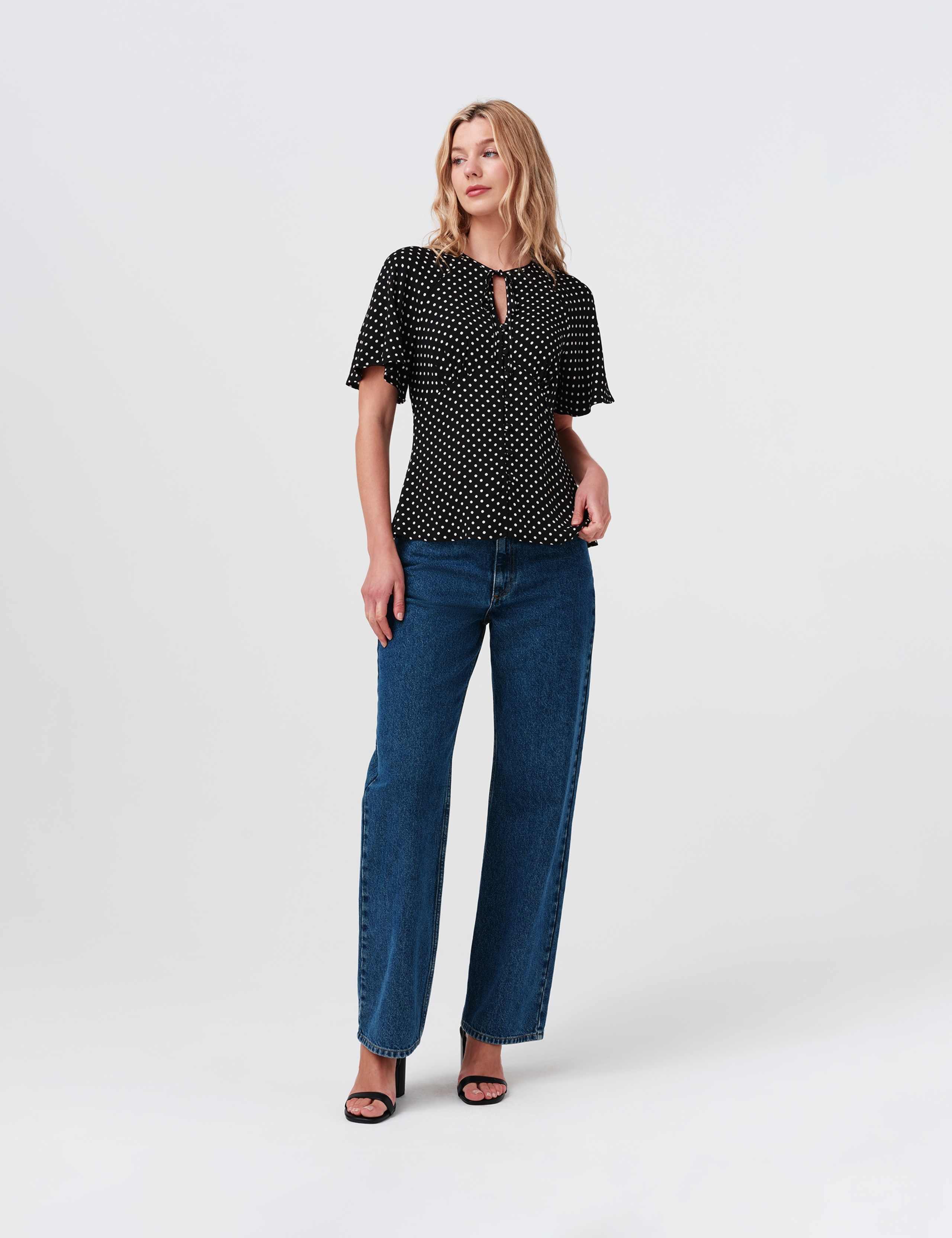 Crepe Polka Dot Tie Neck Angel Sleeve Top 6 of 8