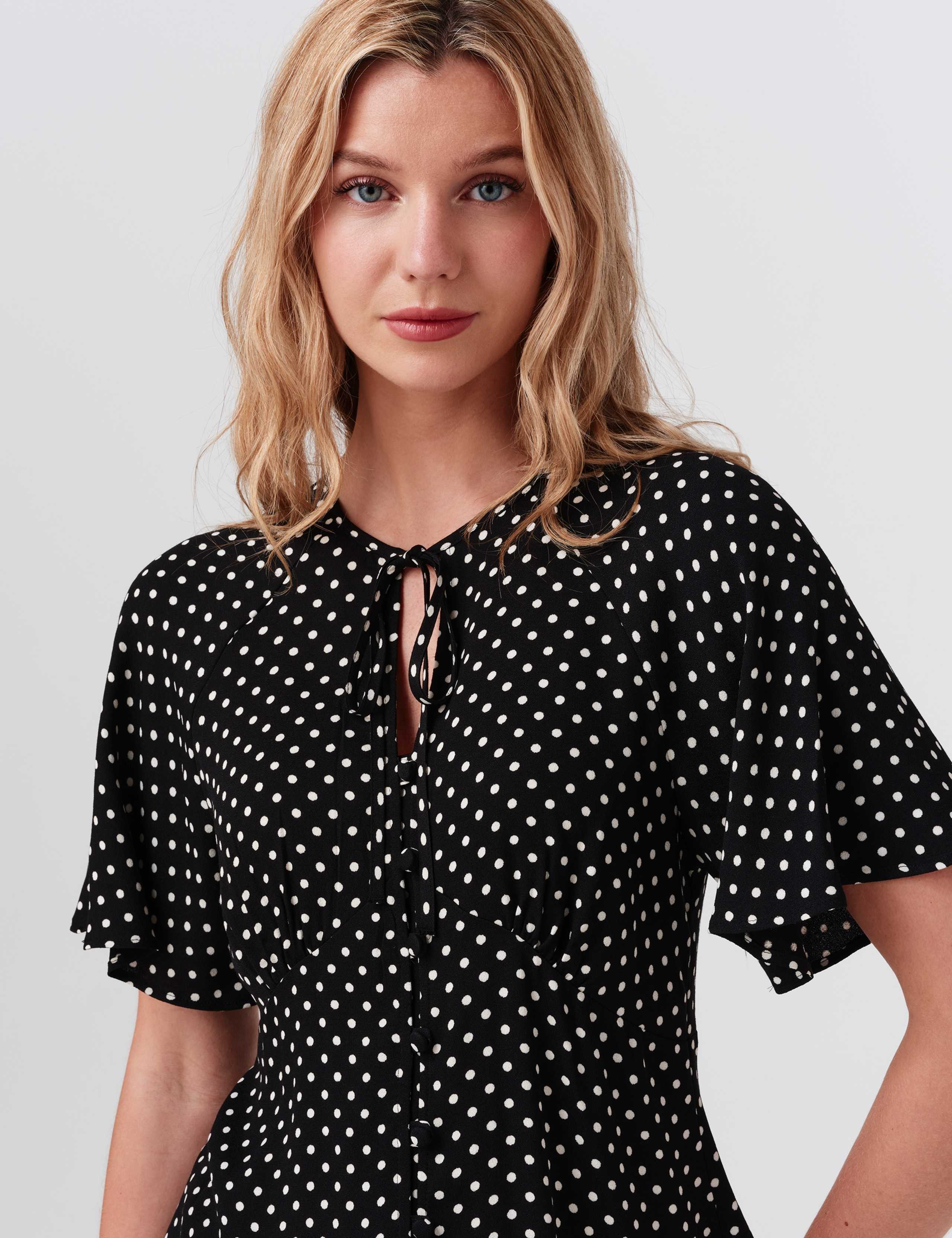 Crepe Polka Dot Tie Neck Angel Sleeve Top 7 of 8