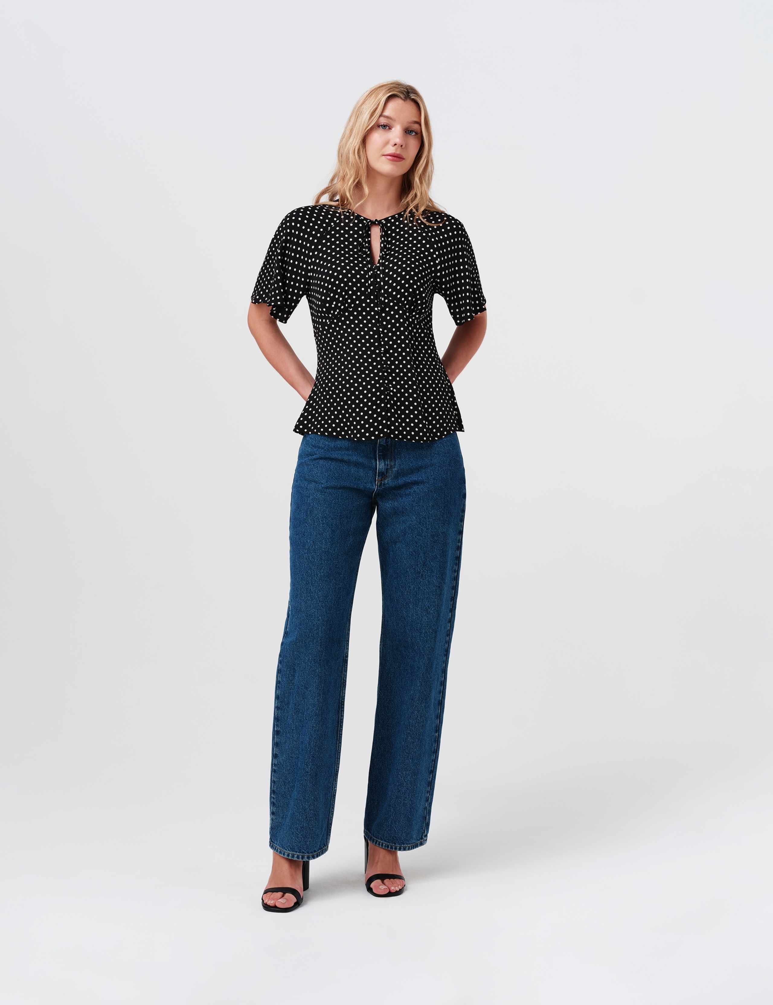 Crepe Polka Dot Tie Neck Angel Sleeve Top 8 of 8