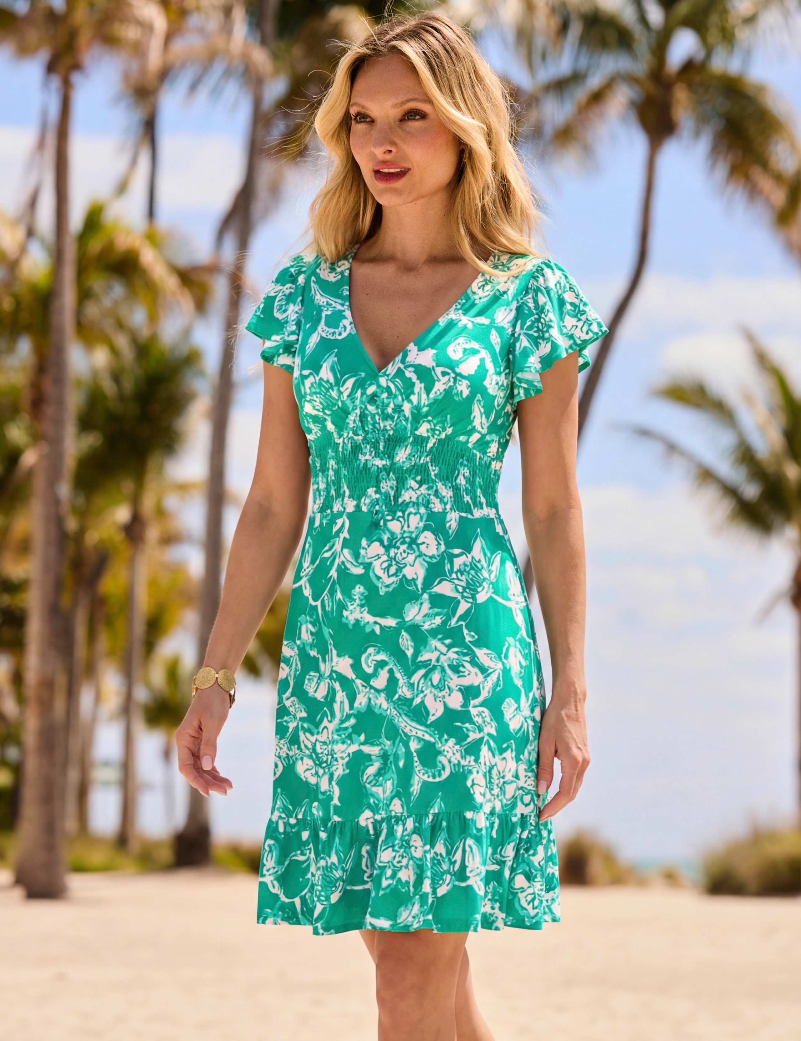 Floral V-Neck Knee Length Shirred Dress 3 of 4