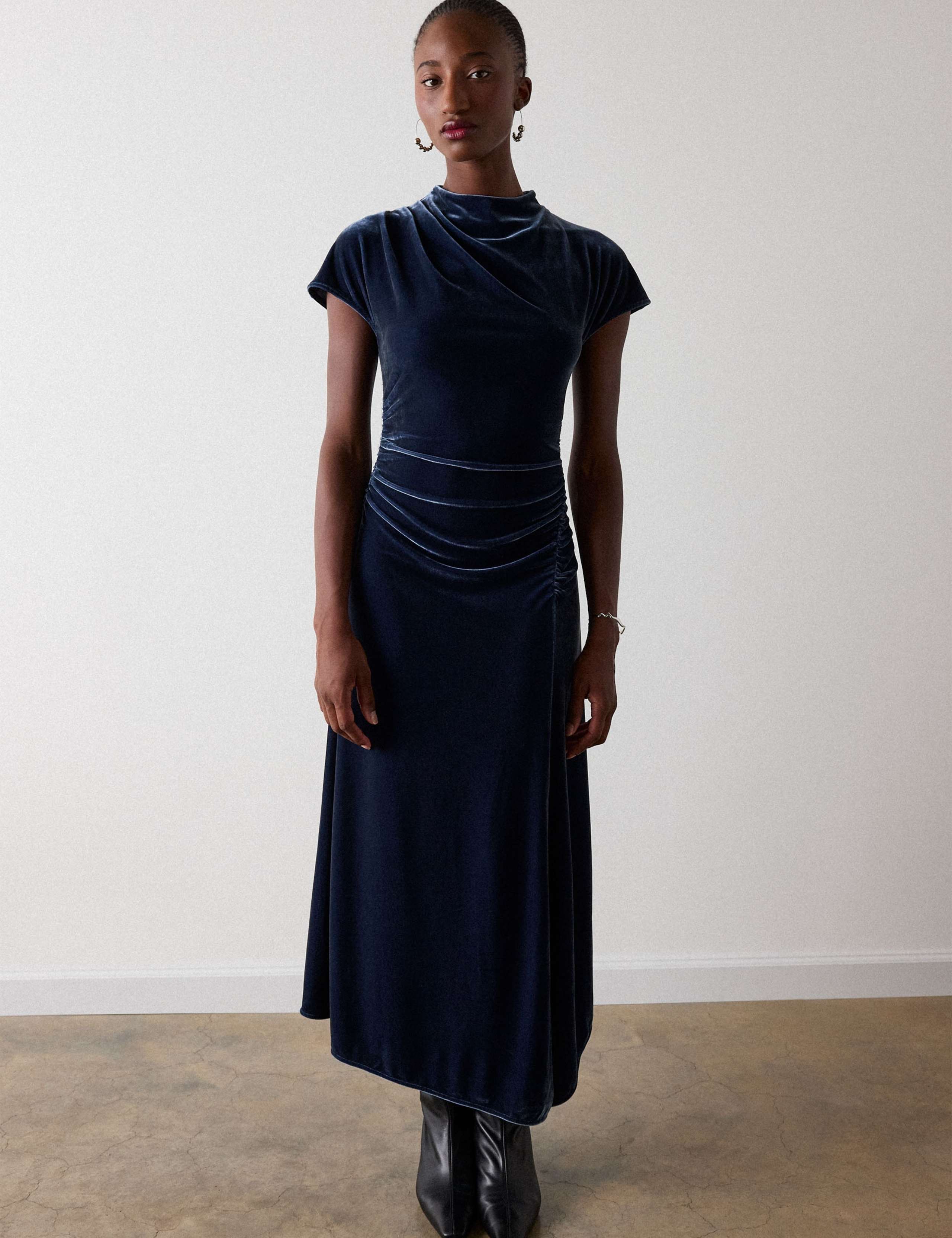 Velvet Ruched Midi Bodycon Dress 1 of 6