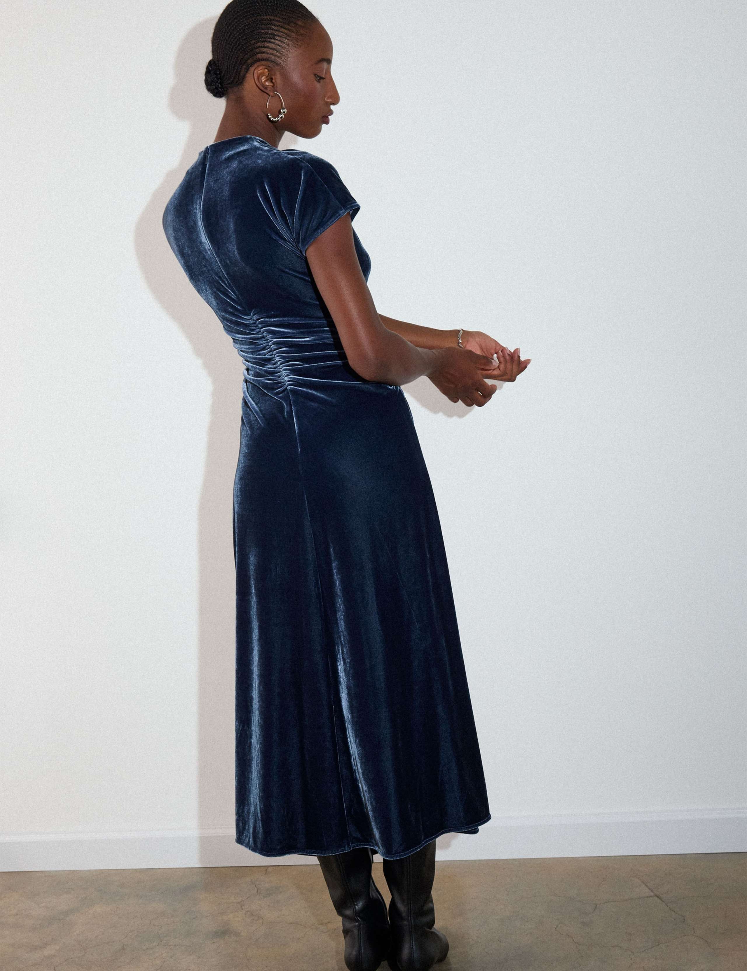Velvet Ruched Midi Bodycon Dress 3 of 6