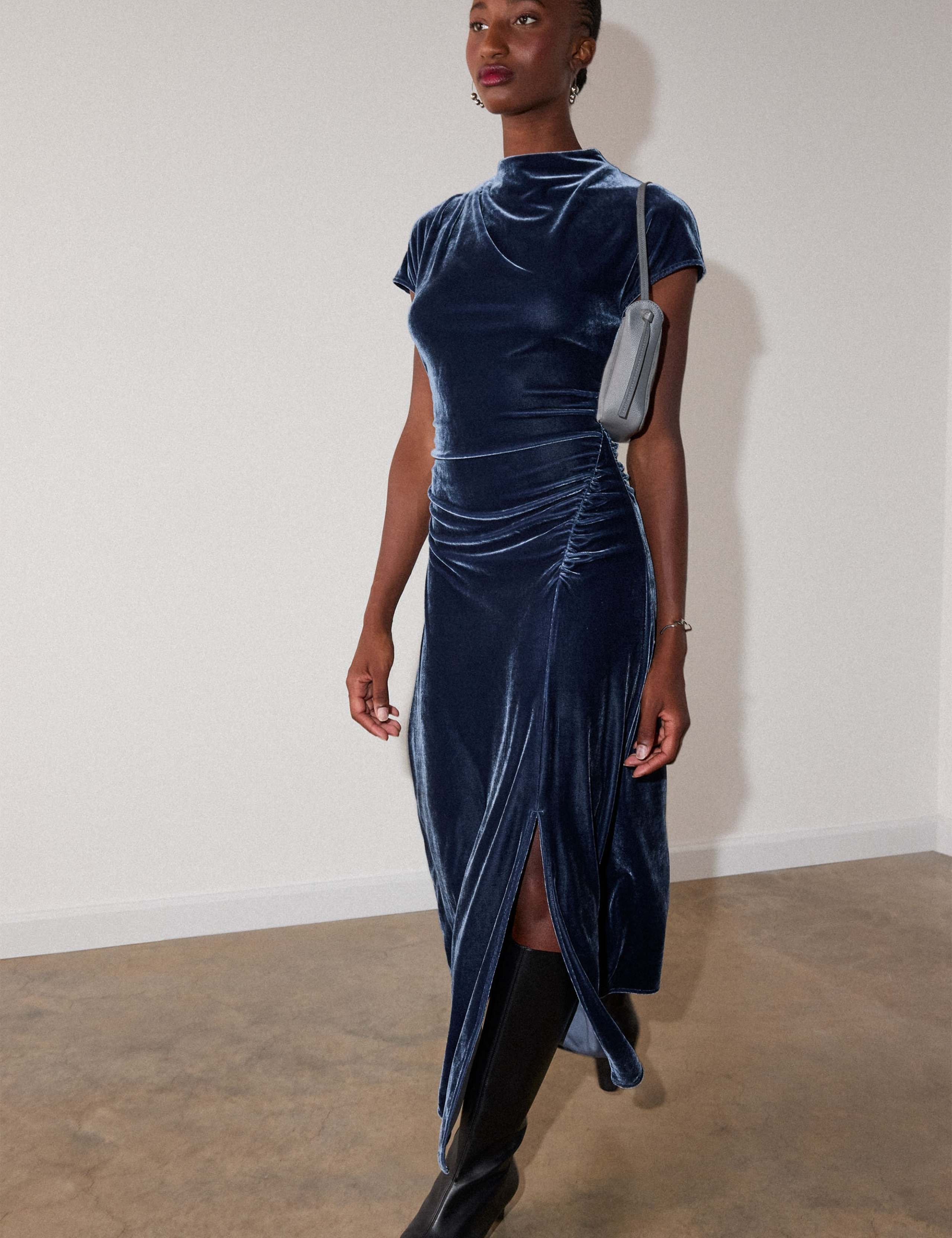 Velvet Ruched Midi Bodycon Dress 5 of 6