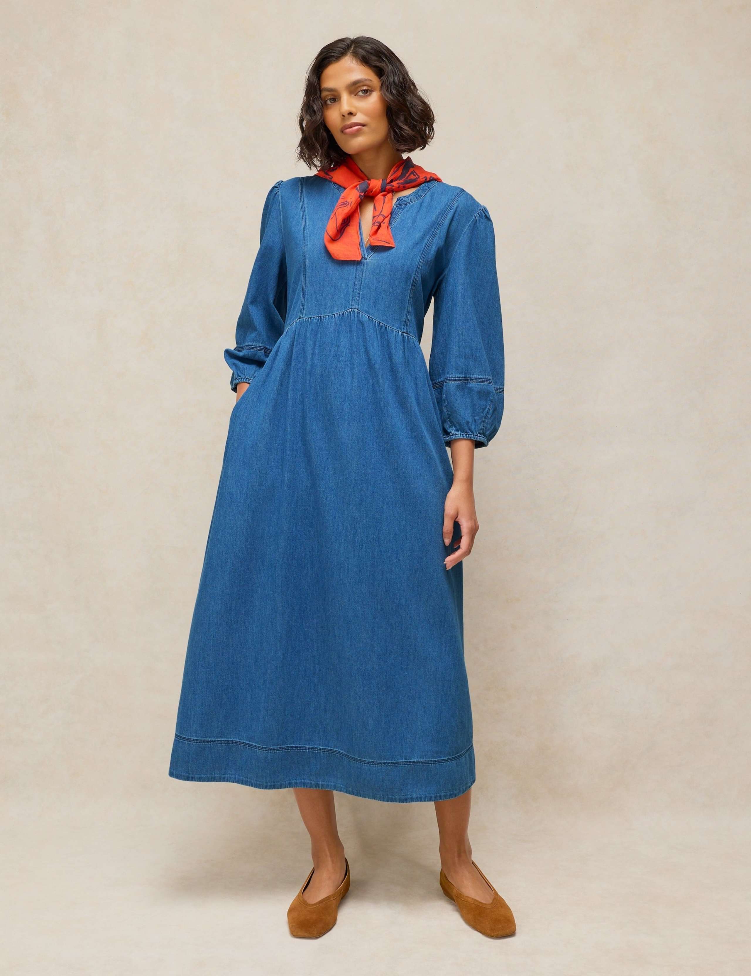 Denim Notch Neck Midi Tea Dress 1 of 6
