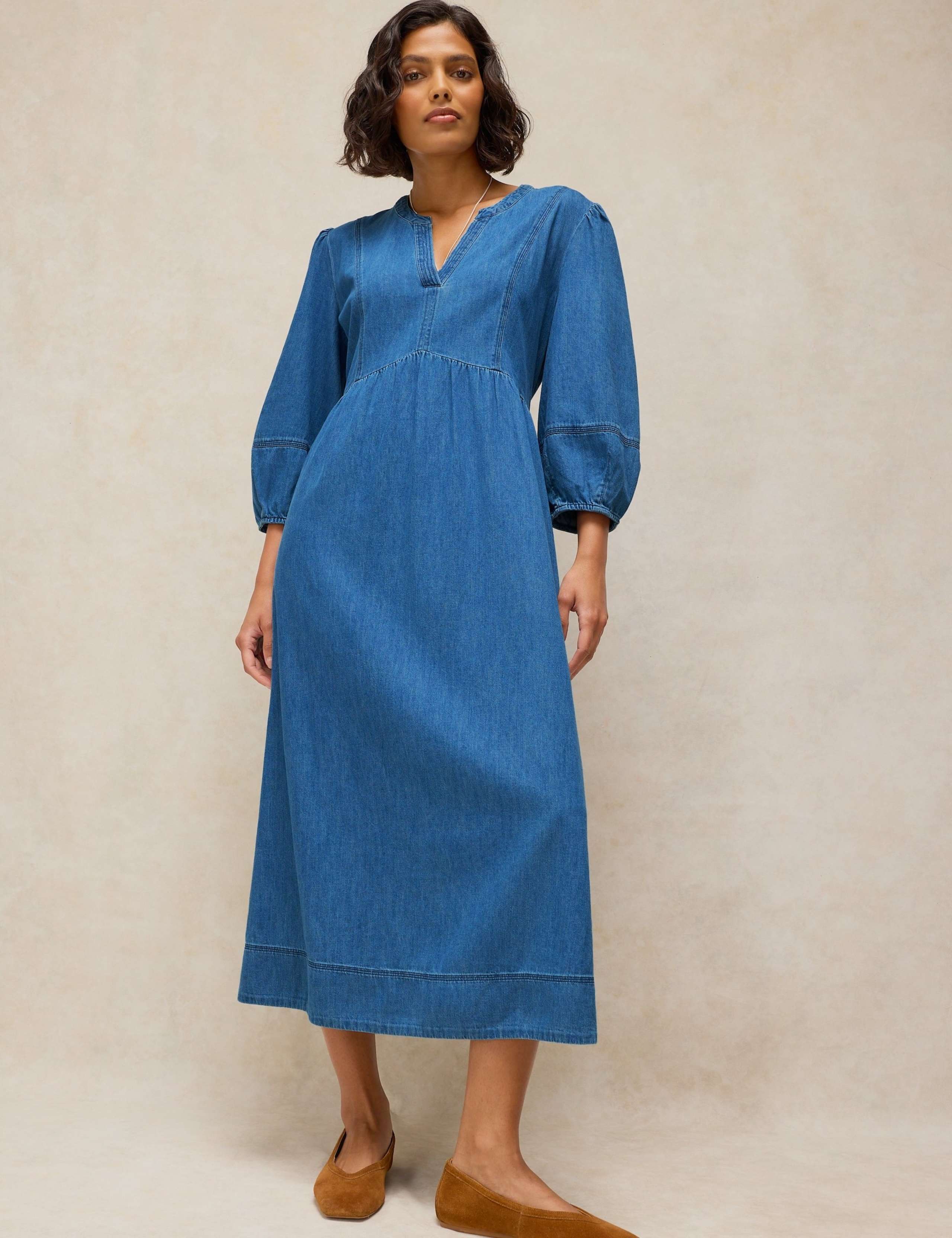 Denim Notch Neck Midi Tea Dress 4 of 6