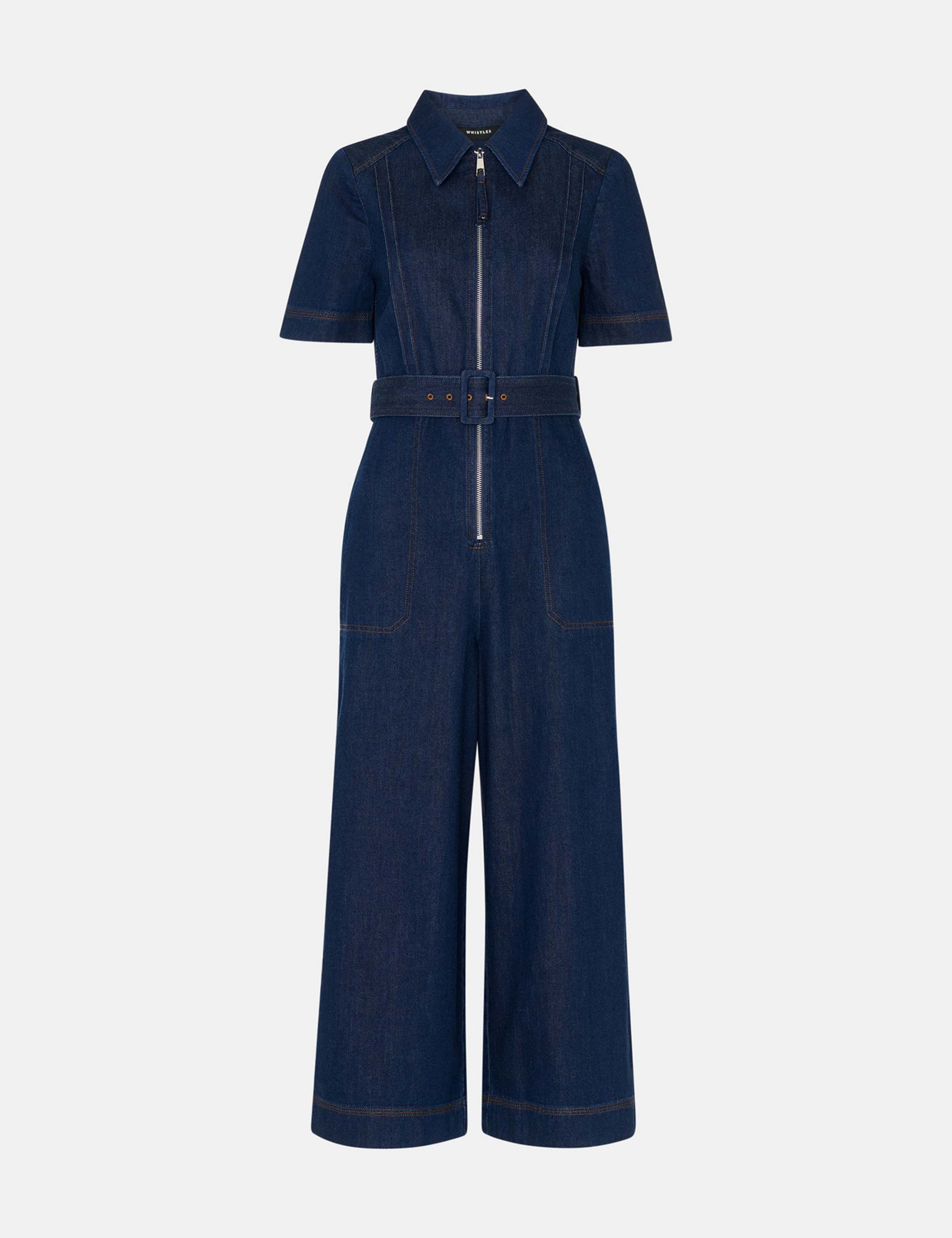 Denim Belted Short Sleeve Jumpsuit 2 of 4