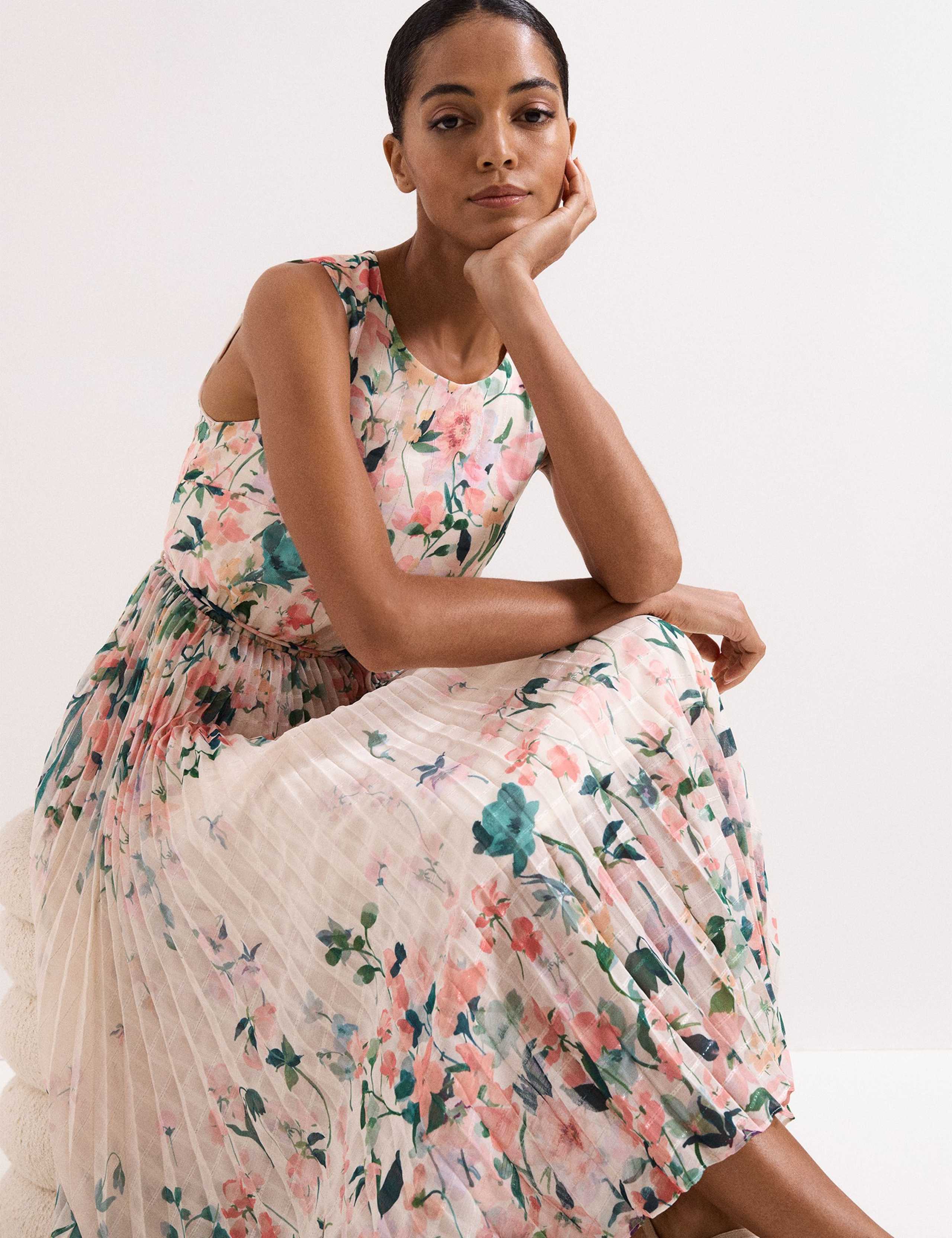 Chiffon Floral Pleated Midi Tea Dress 6 of 7