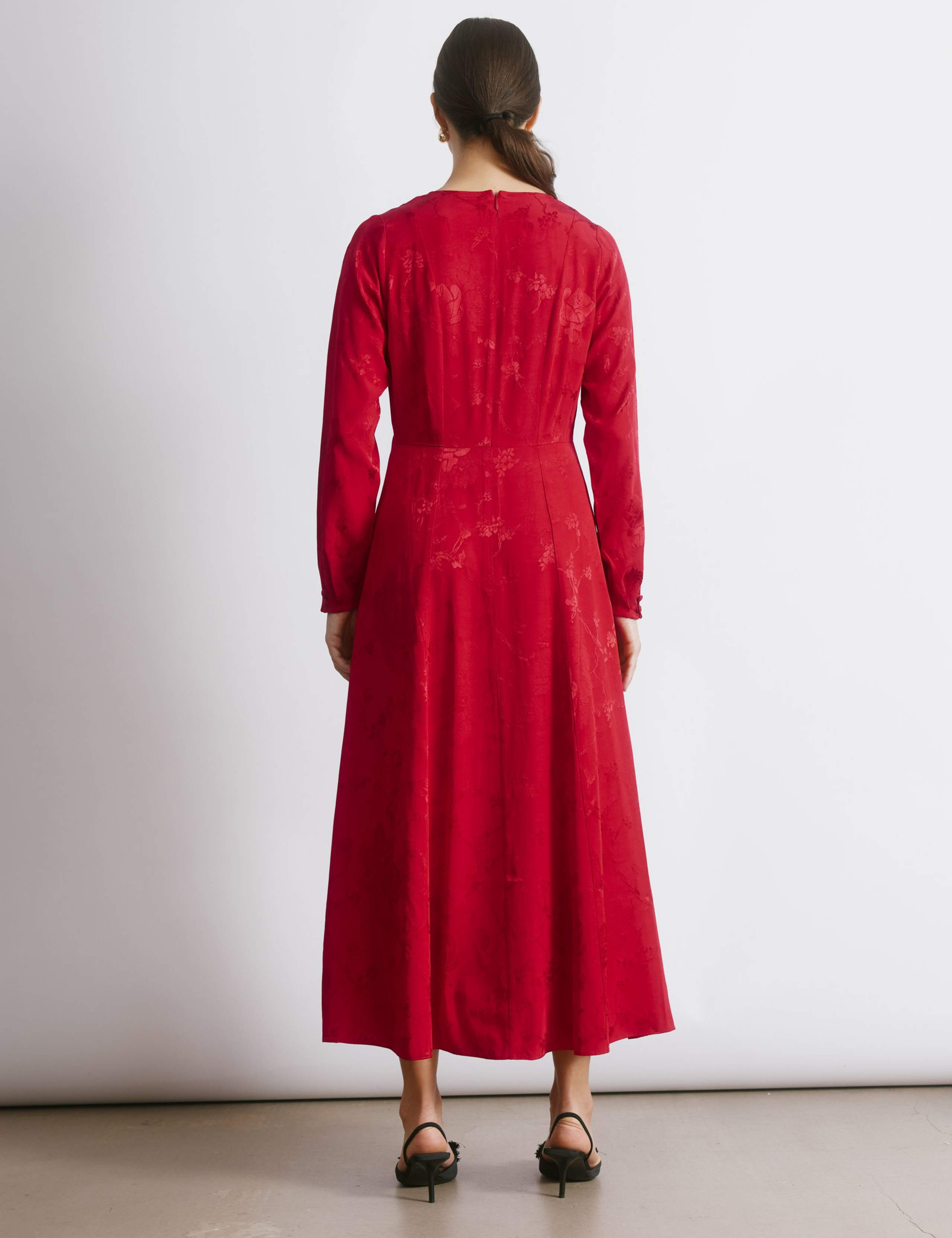 Satin Jacquard V-Neck Midi Skater Dress 3 of 4