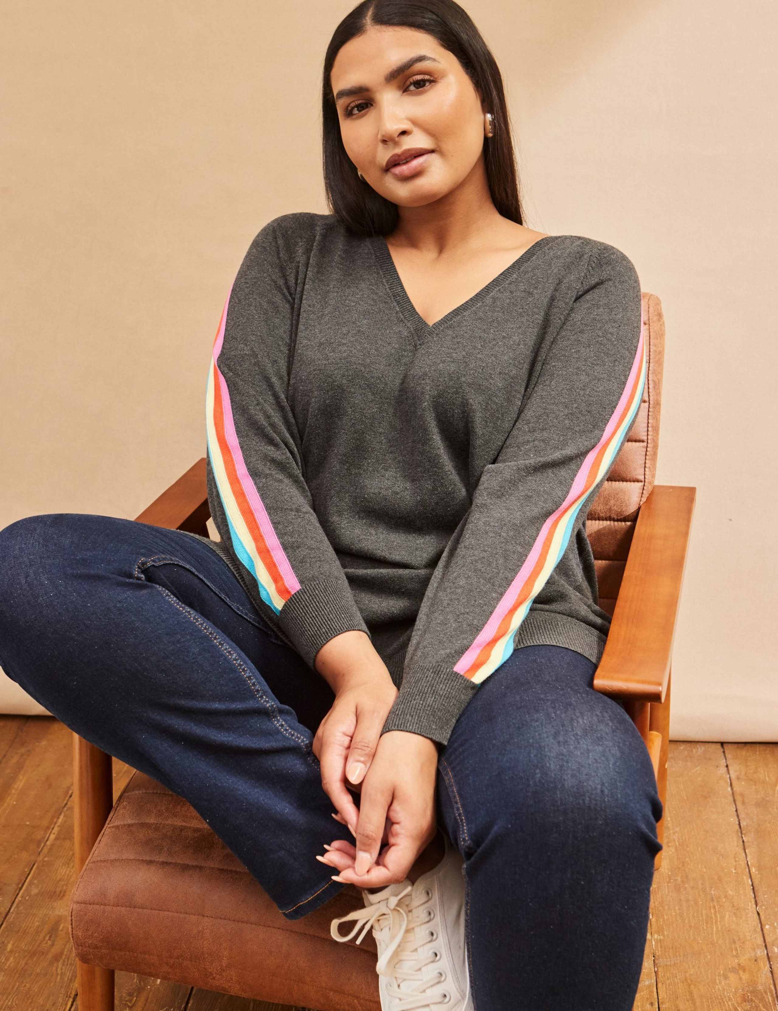 Cotton Rich V-Neck Rainbow Stripe Jumper 4 of 4