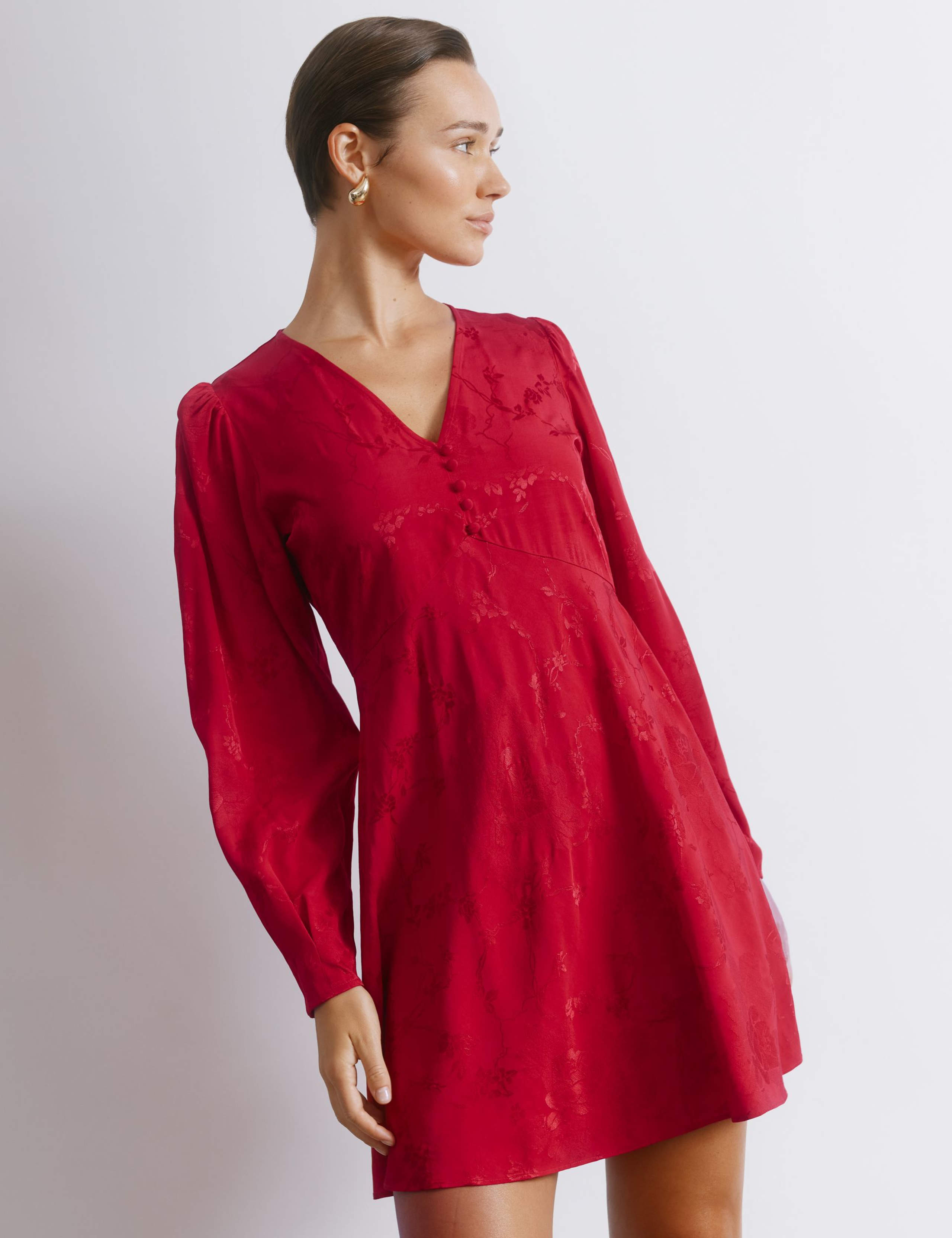 Satin Jacquard V-Neck Mini Skater Dress 1 of 4