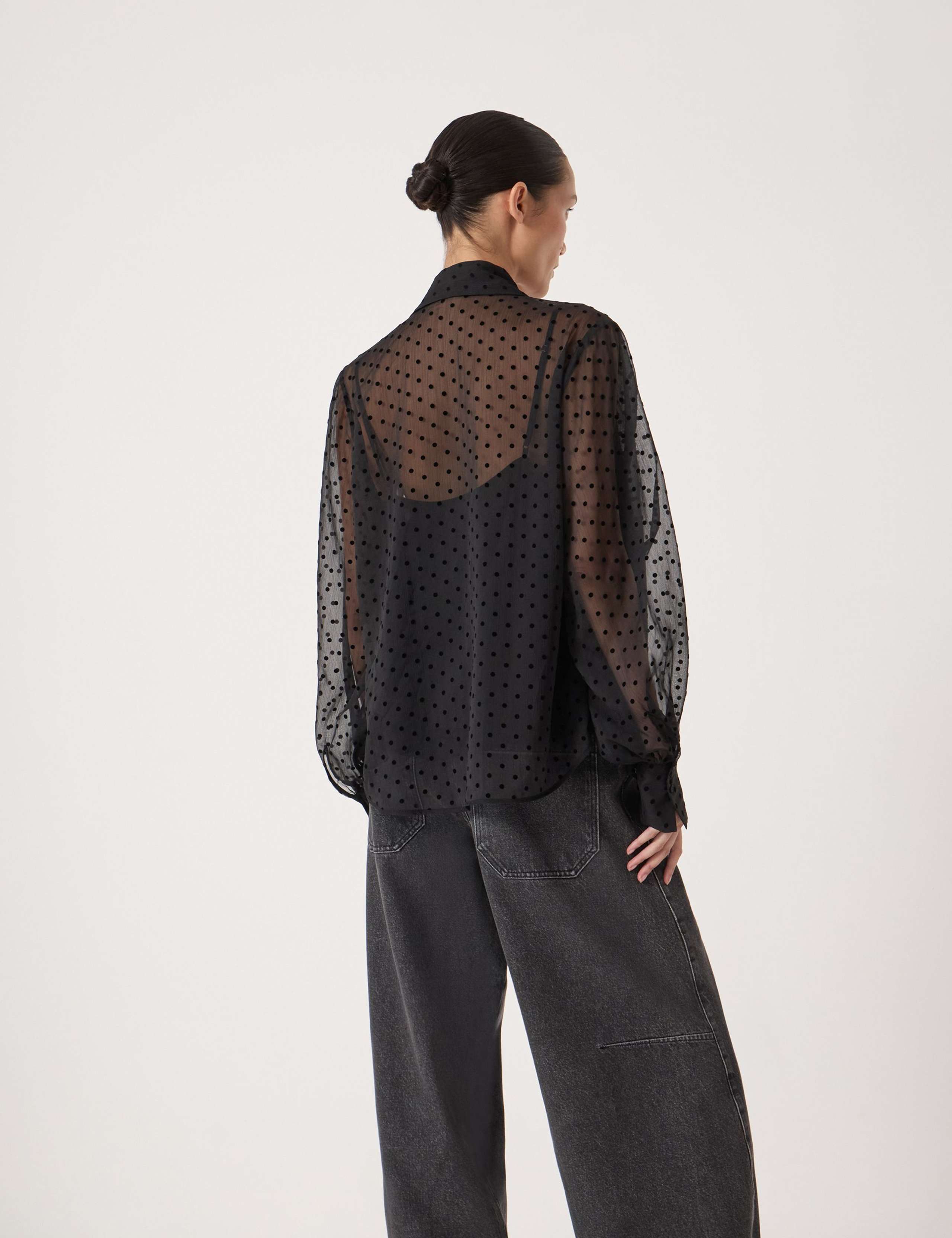 Sheer Flocked Polka Dot Spot Tie Neck Blouse 4 of 5