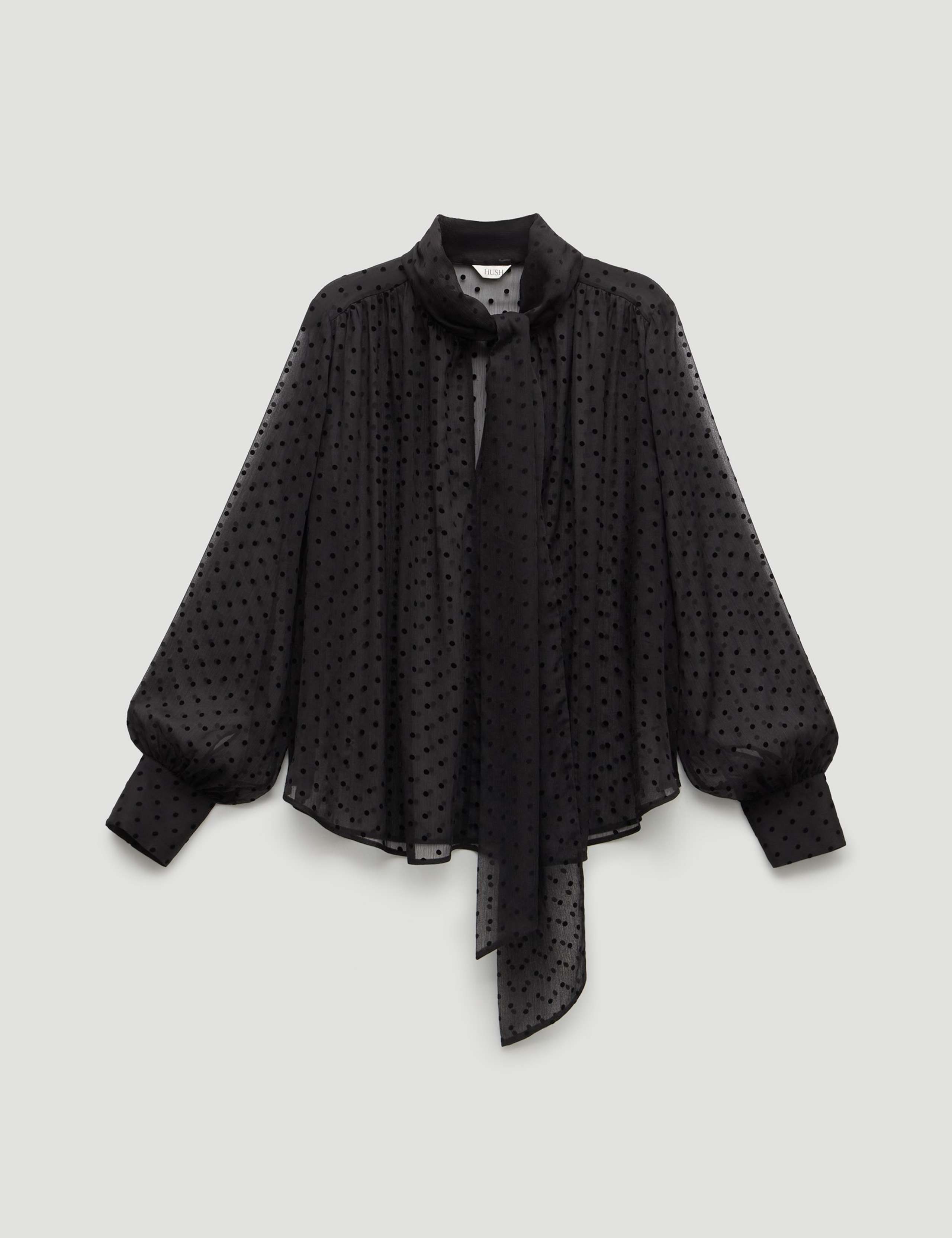 Sheer Flocked Polka Dot Spot Tie Neck Blouse 2 of 5