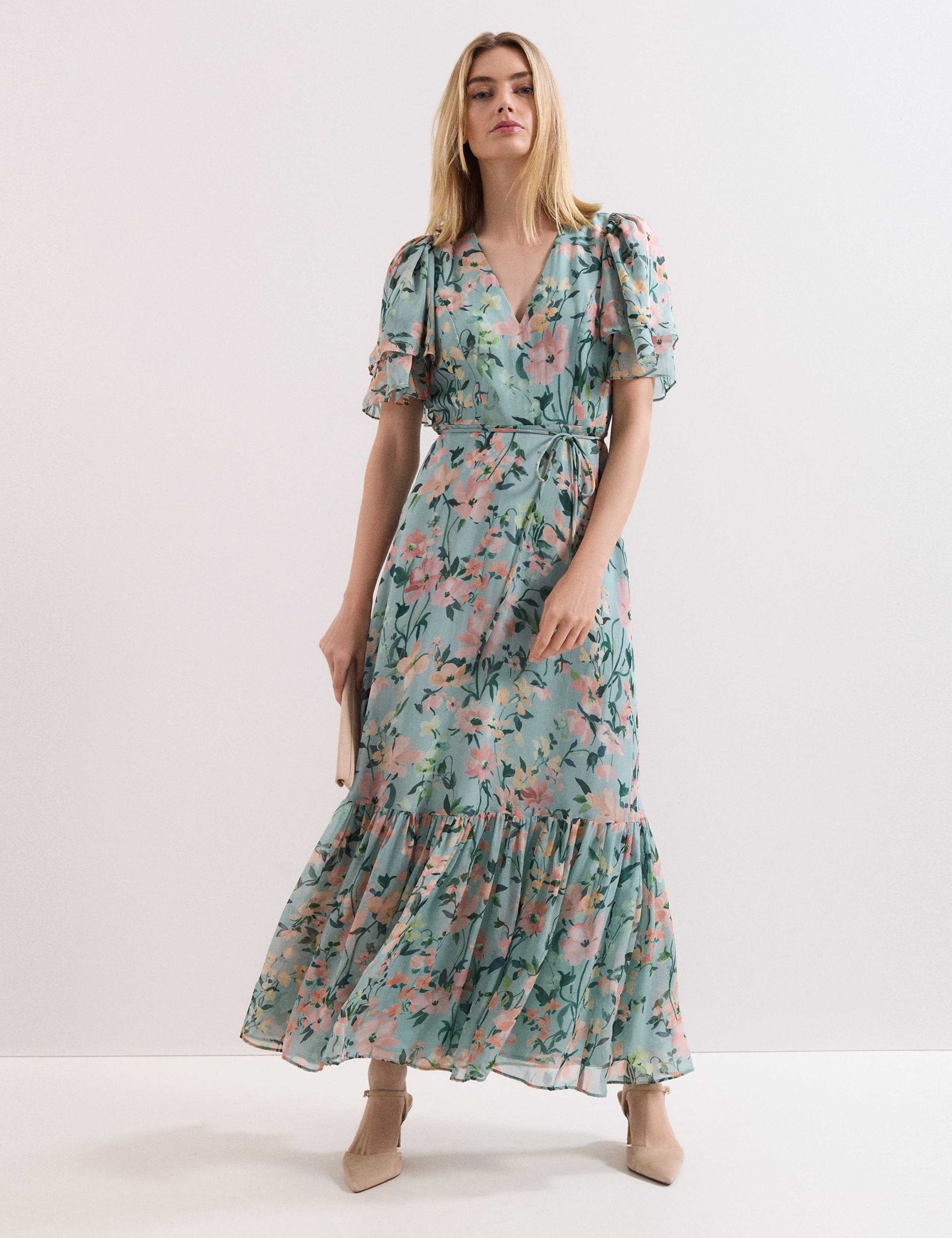 Chiffon Floral V-Neck Angel Sleeve Maxi Waisted Dress 1 of 8