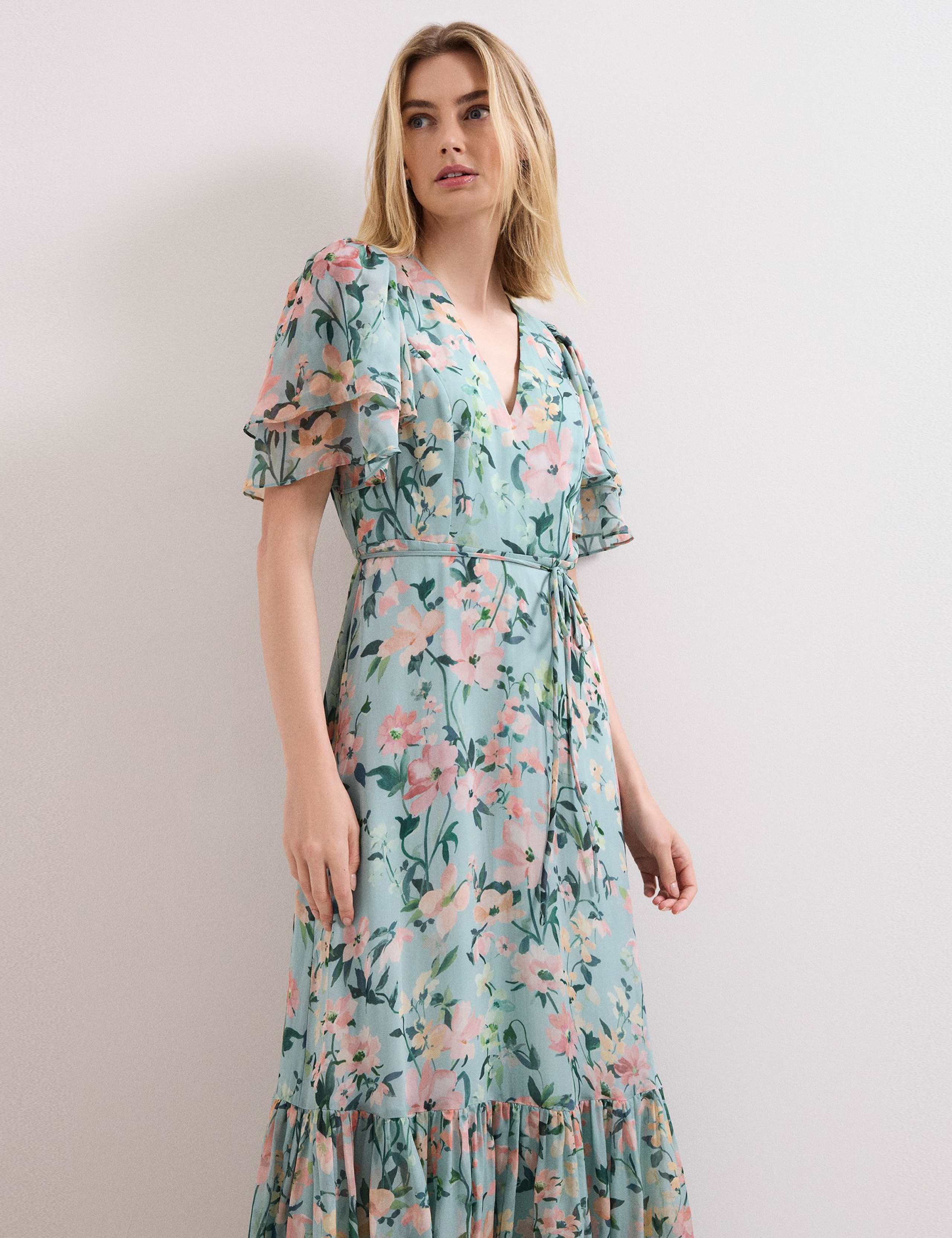 Chiffon Floral V-Neck Angel Sleeve Maxi Waisted Dress 3 of 8