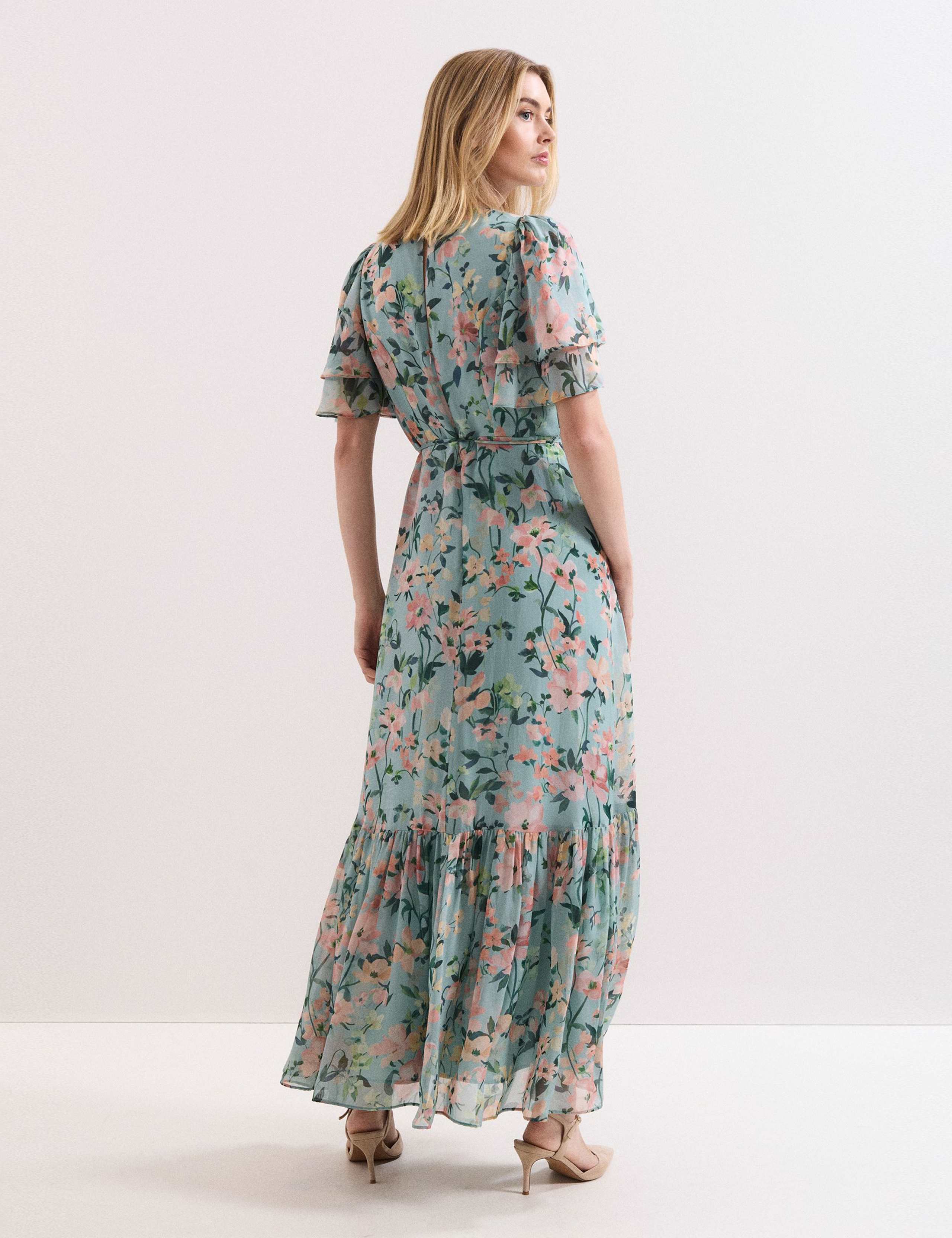 Chiffon Floral V-Neck Angel Sleeve Maxi Waisted Dress 4 of 8