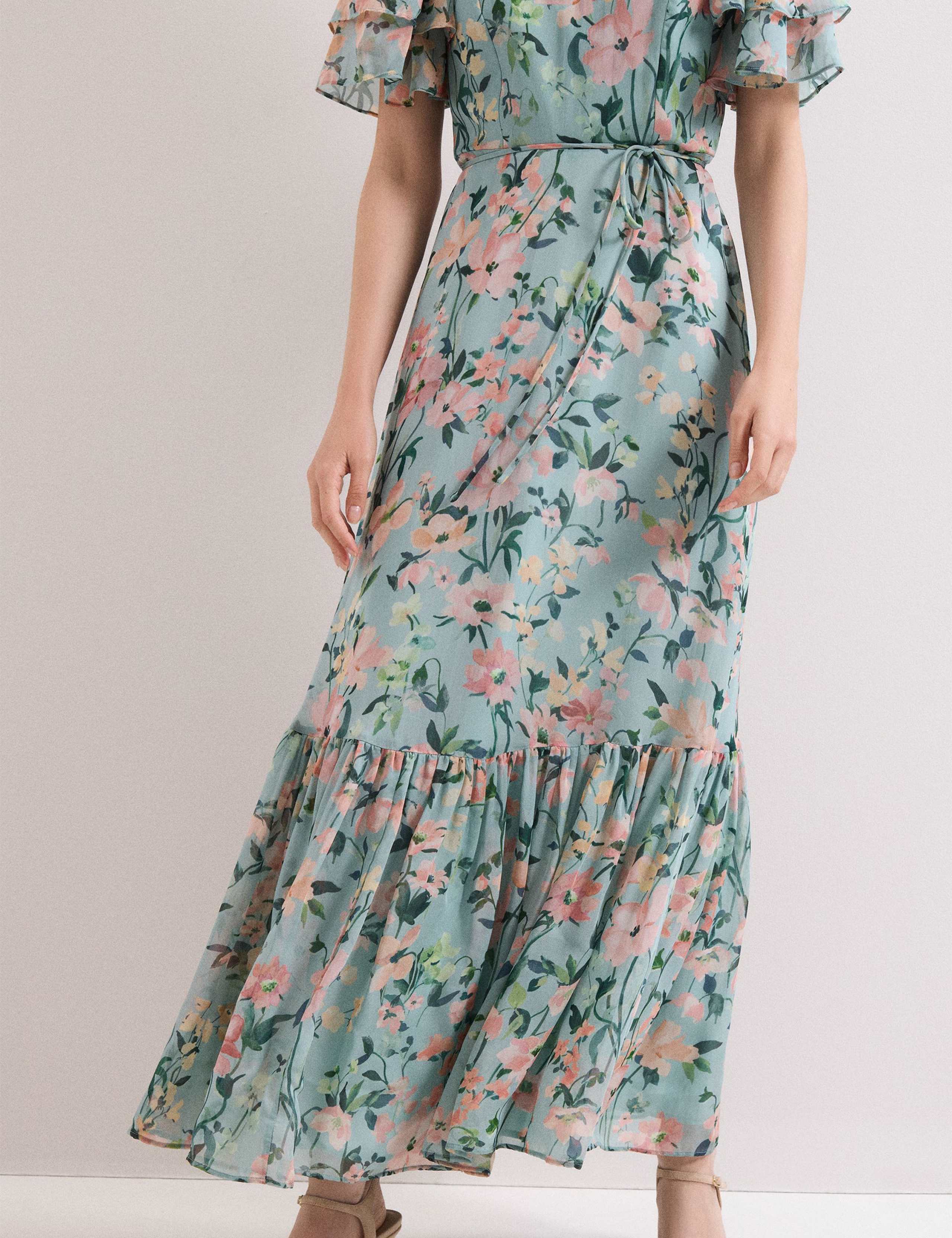 Chiffon Floral V-Neck Angel Sleeve Maxi Waisted Dress 5 of 8
