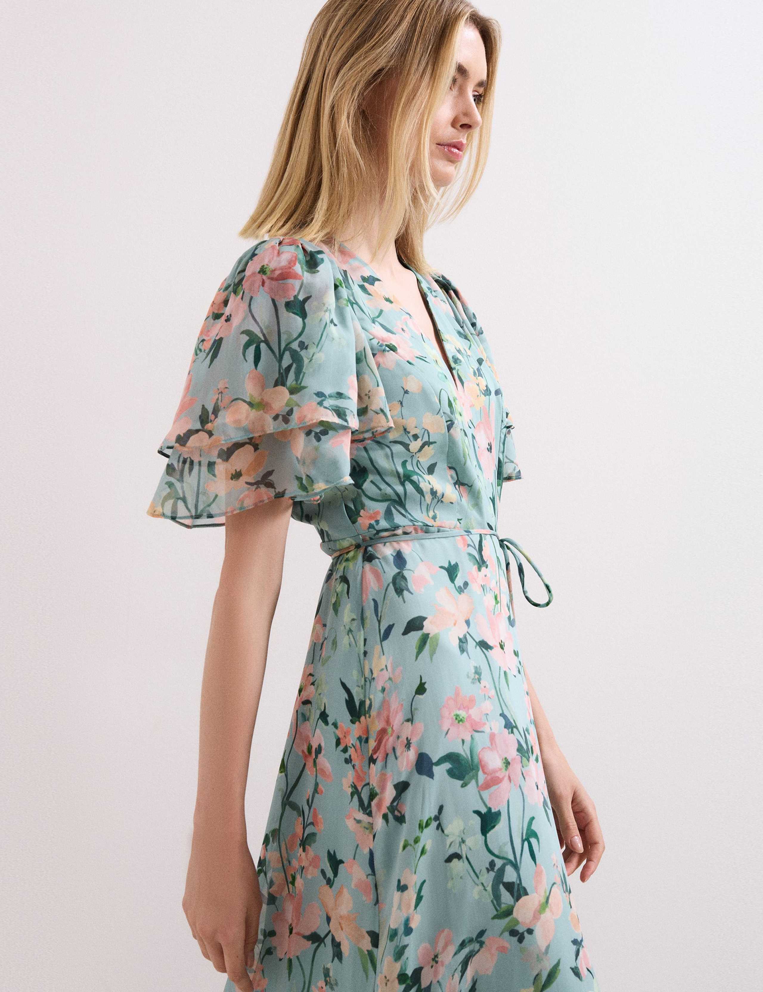 Chiffon Floral V-Neck Angel Sleeve Maxi Waisted Dress 6 of 8