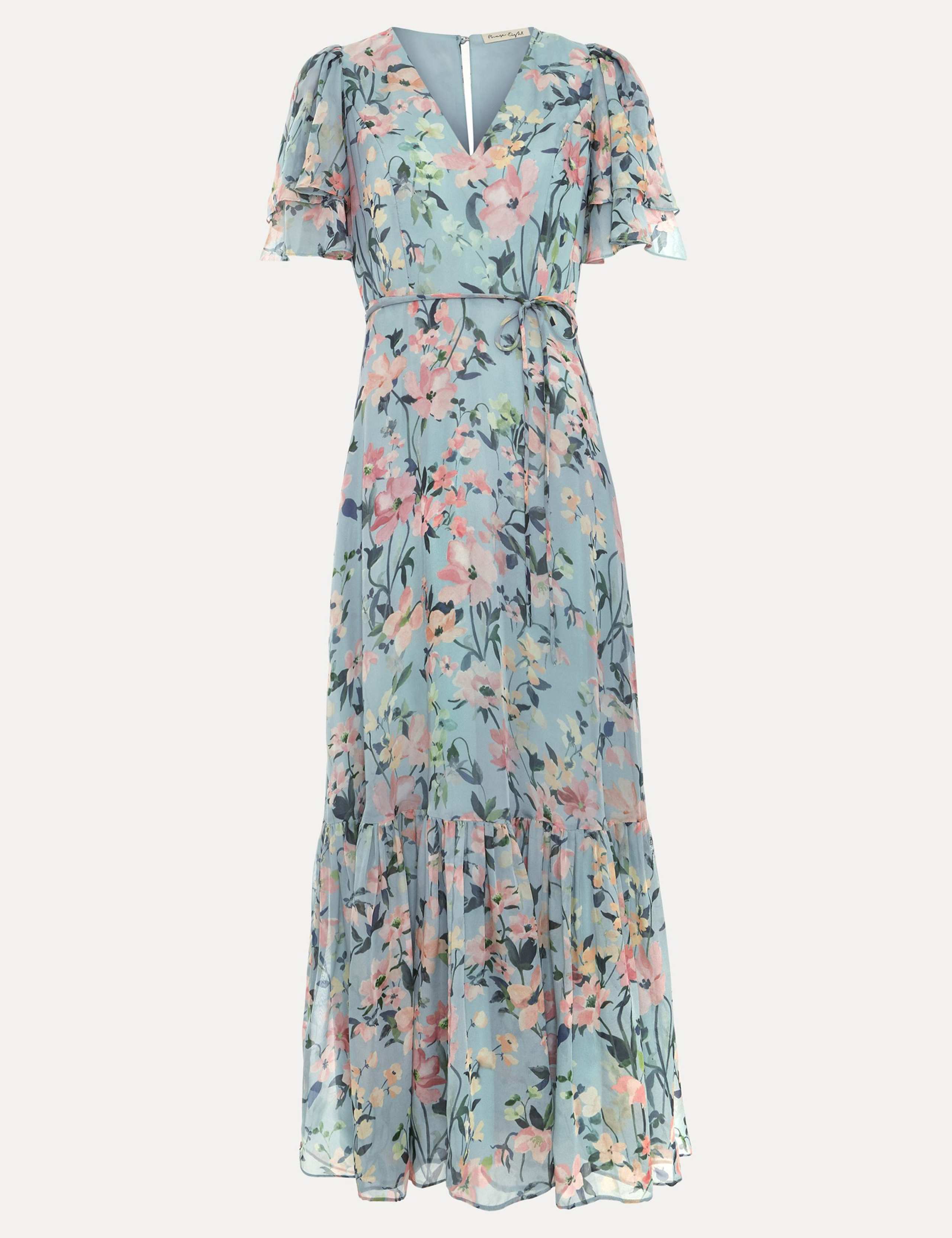Chiffon Floral V-Neck Angel Sleeve Maxi Waisted Dress 2 of 8
