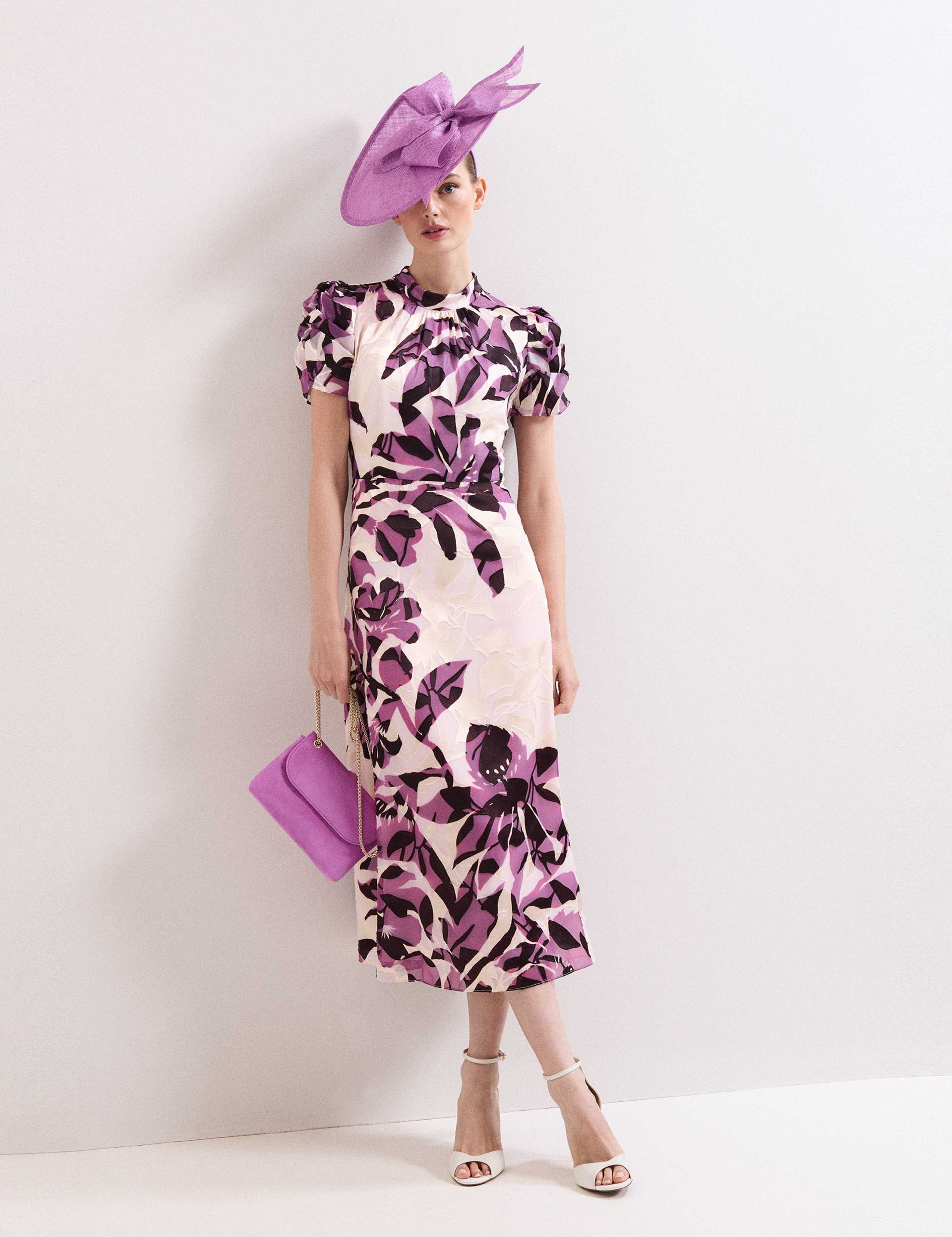 Floral High Neck Midi Waistwed Dress 5 of 8