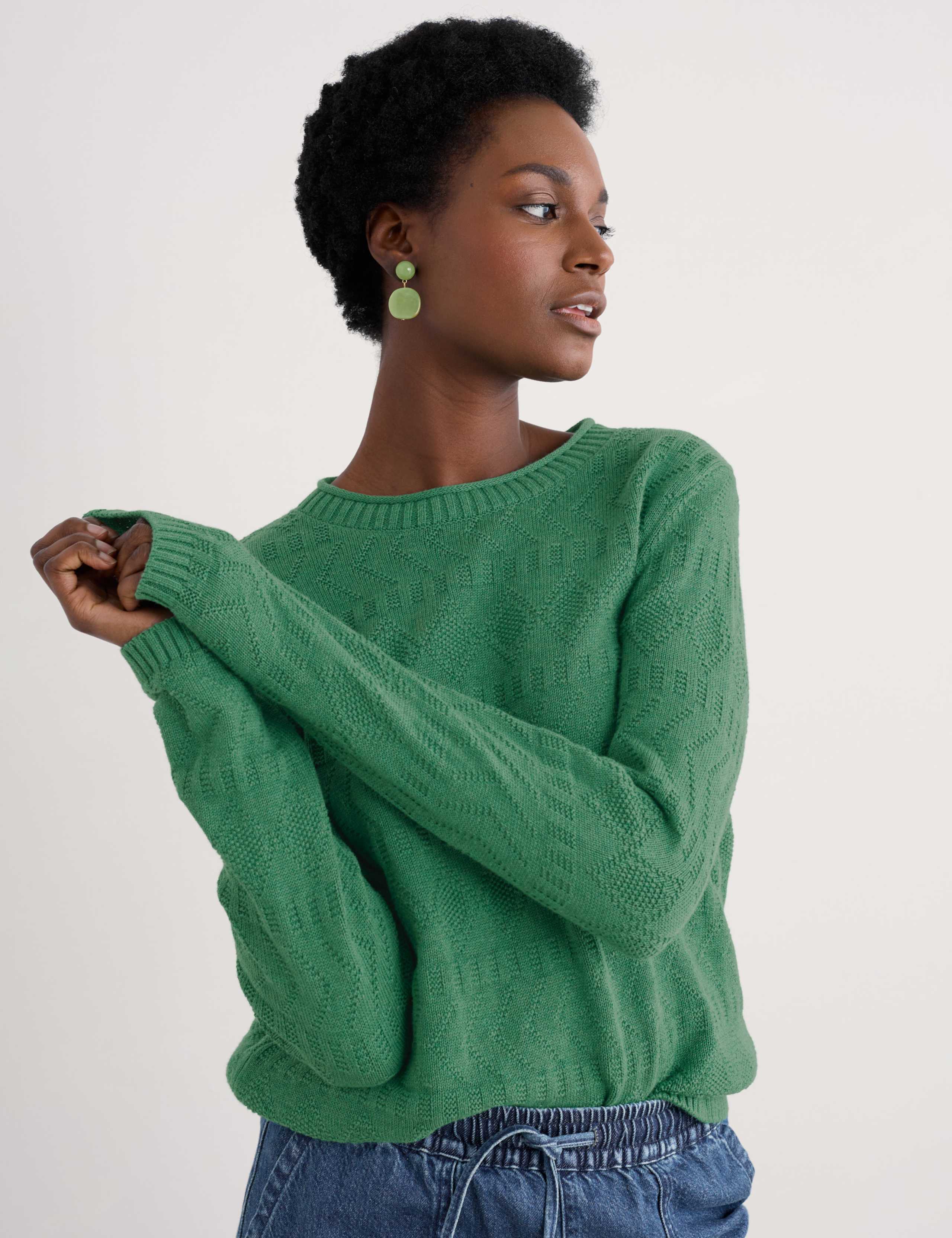 Pure Cotton Diamond Stitch Crew Neck Jumper 1 of 4