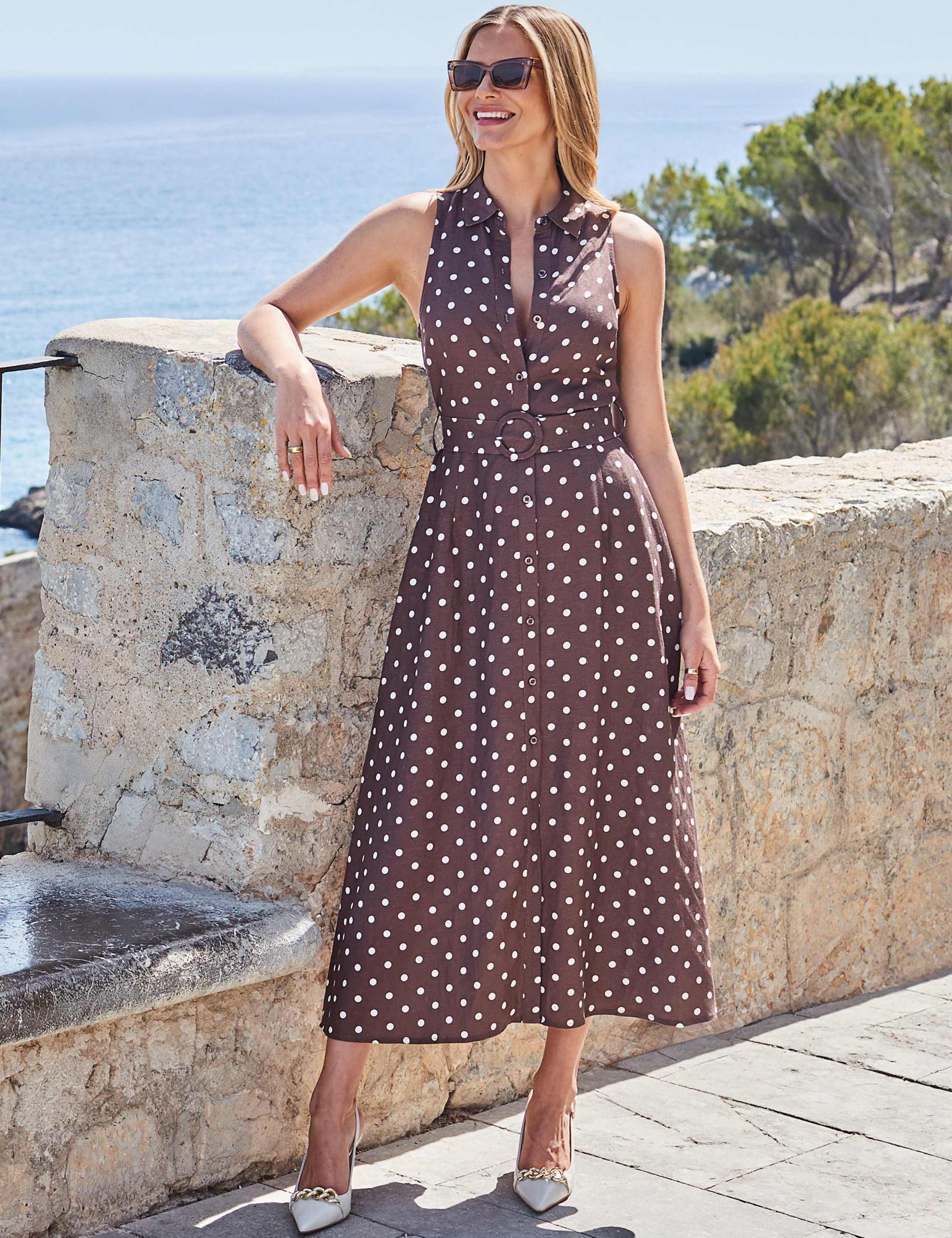 Spot Print Linen Blend Midi Shirt Dress 1 of 6