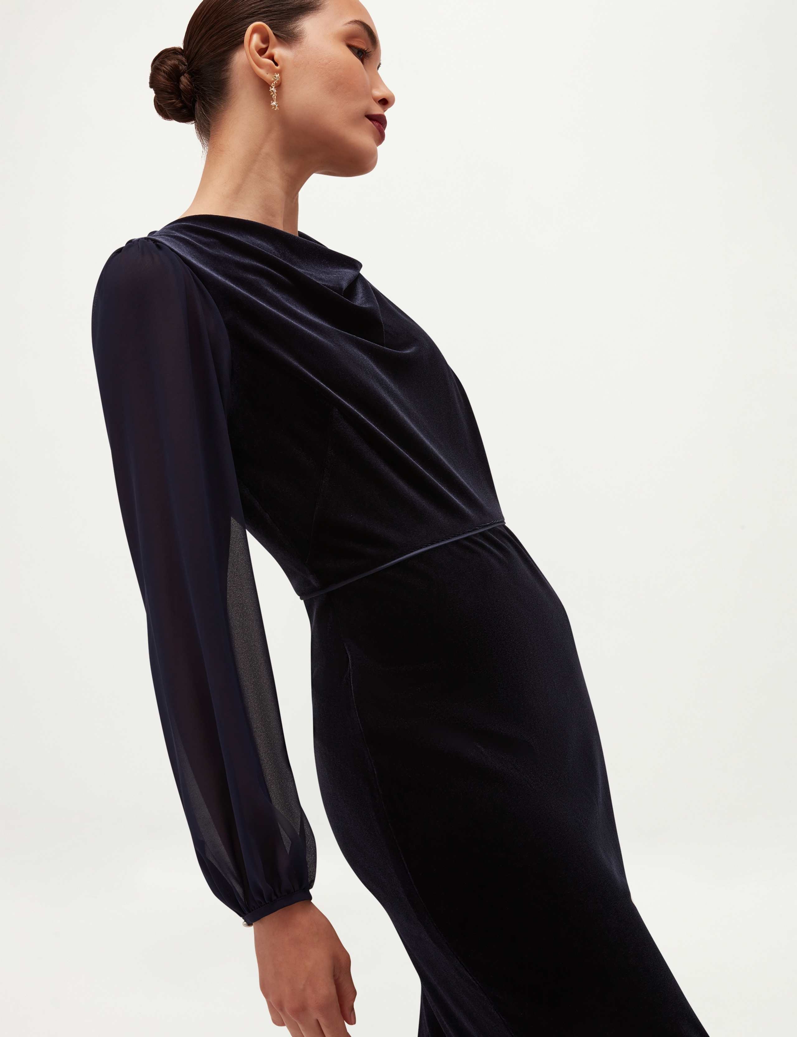 Velvet Cowl Neck Blouson Sleeve Mini Shift Dress 3 of 7