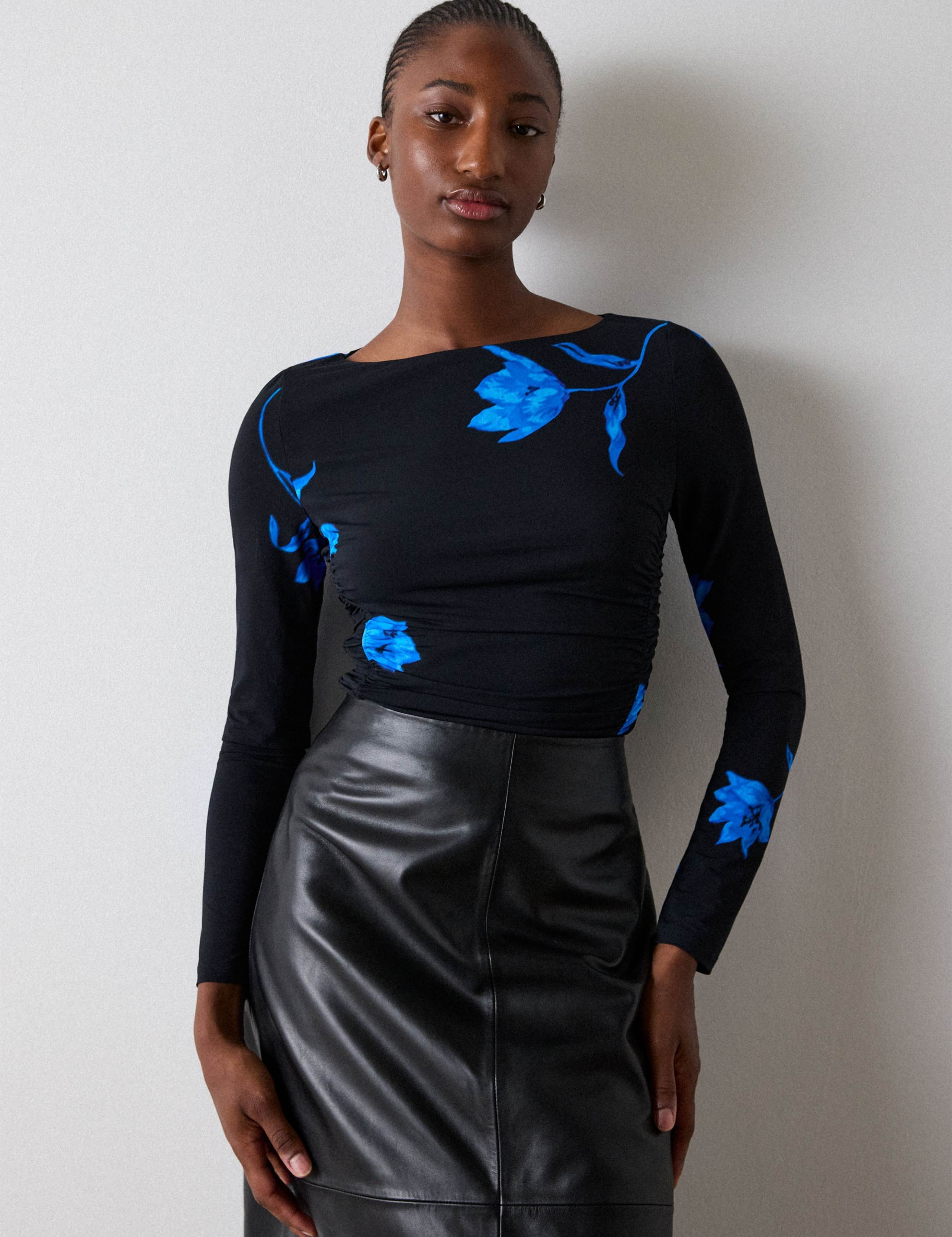 Jersey Floral Slash Neck Ruched Side Top 4 of 5