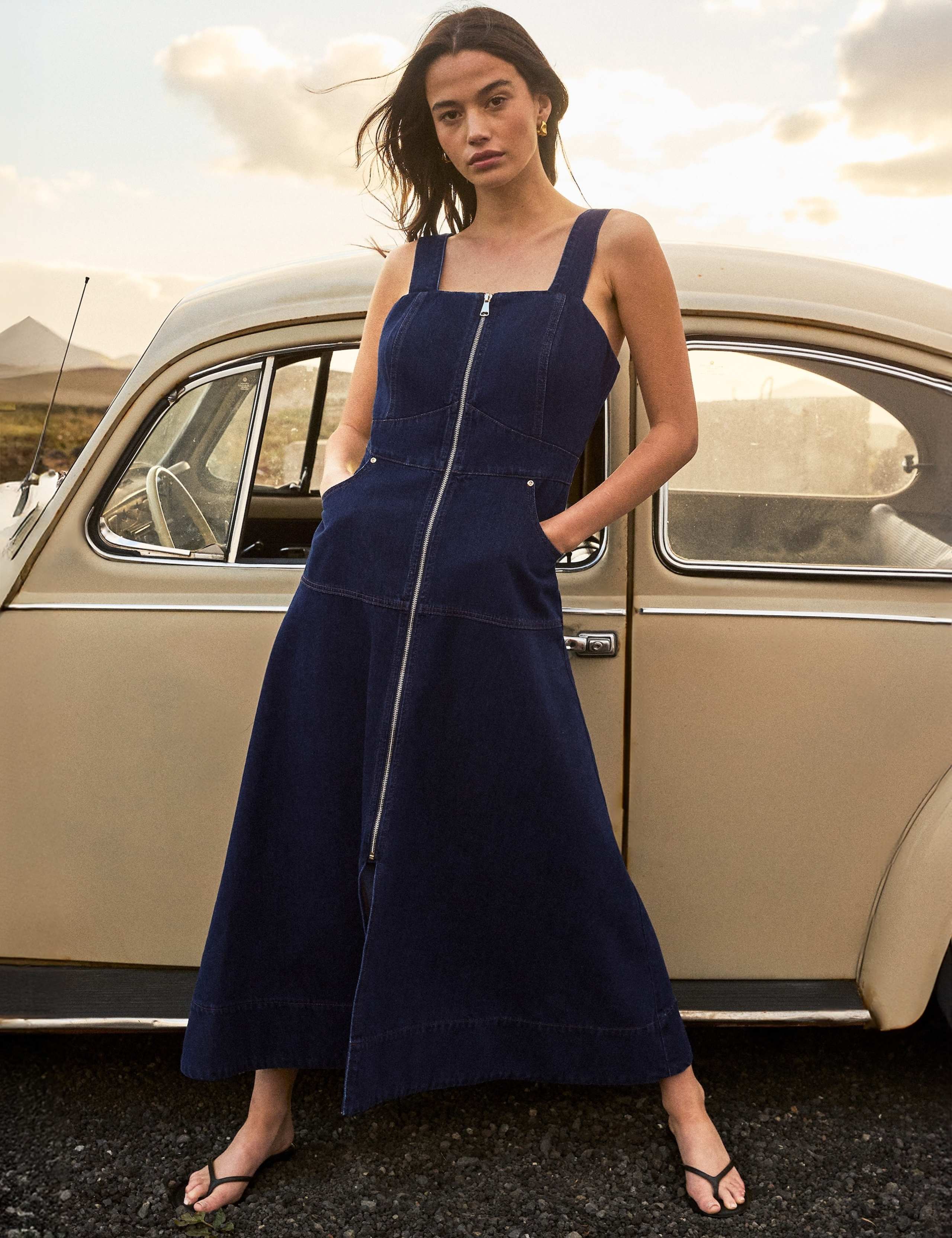 Denim Zip Up Midi Waisted Dress 1 of 5