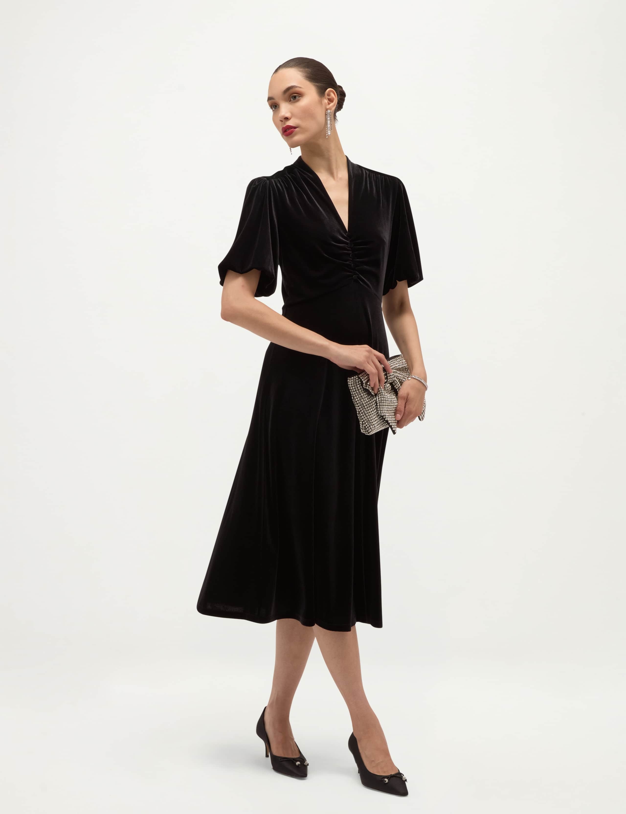 Velvet Puff Sleeve V Neck Knee Length Dress 3 of 6