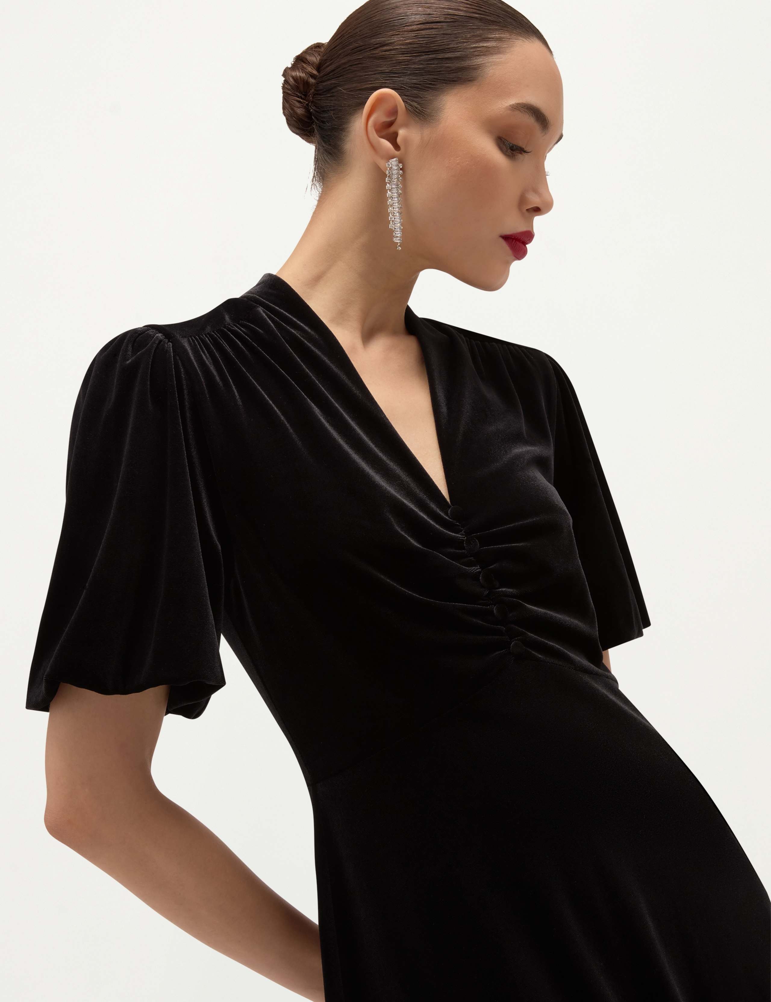 Velvet Puff Sleeve V Neck Knee Length Dress 4 of 6