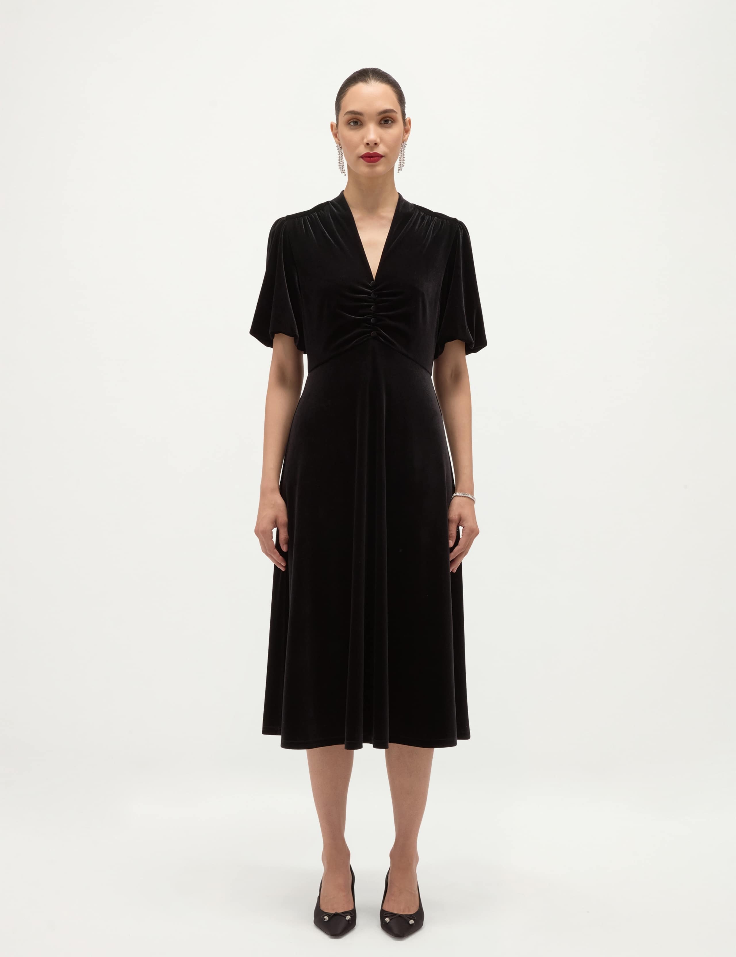 Velvet Puff Sleeve V Neck Knee Length Dress 5 of 6