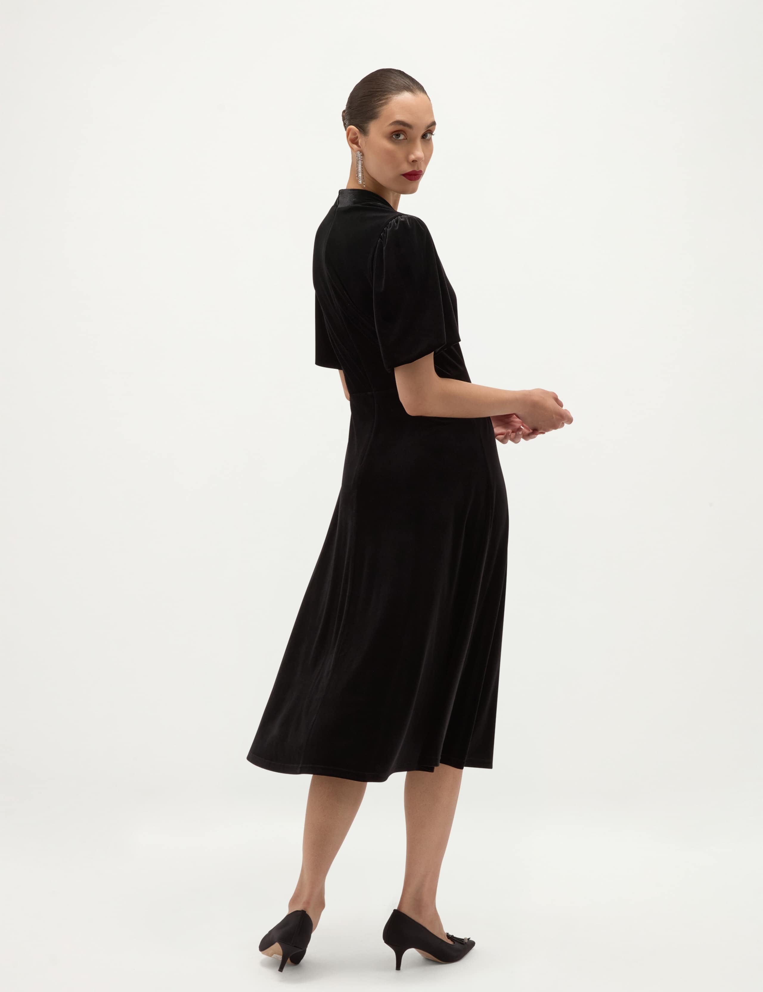 Velvet Puff Sleeve V Neck Knee Length Dress 6 of 6