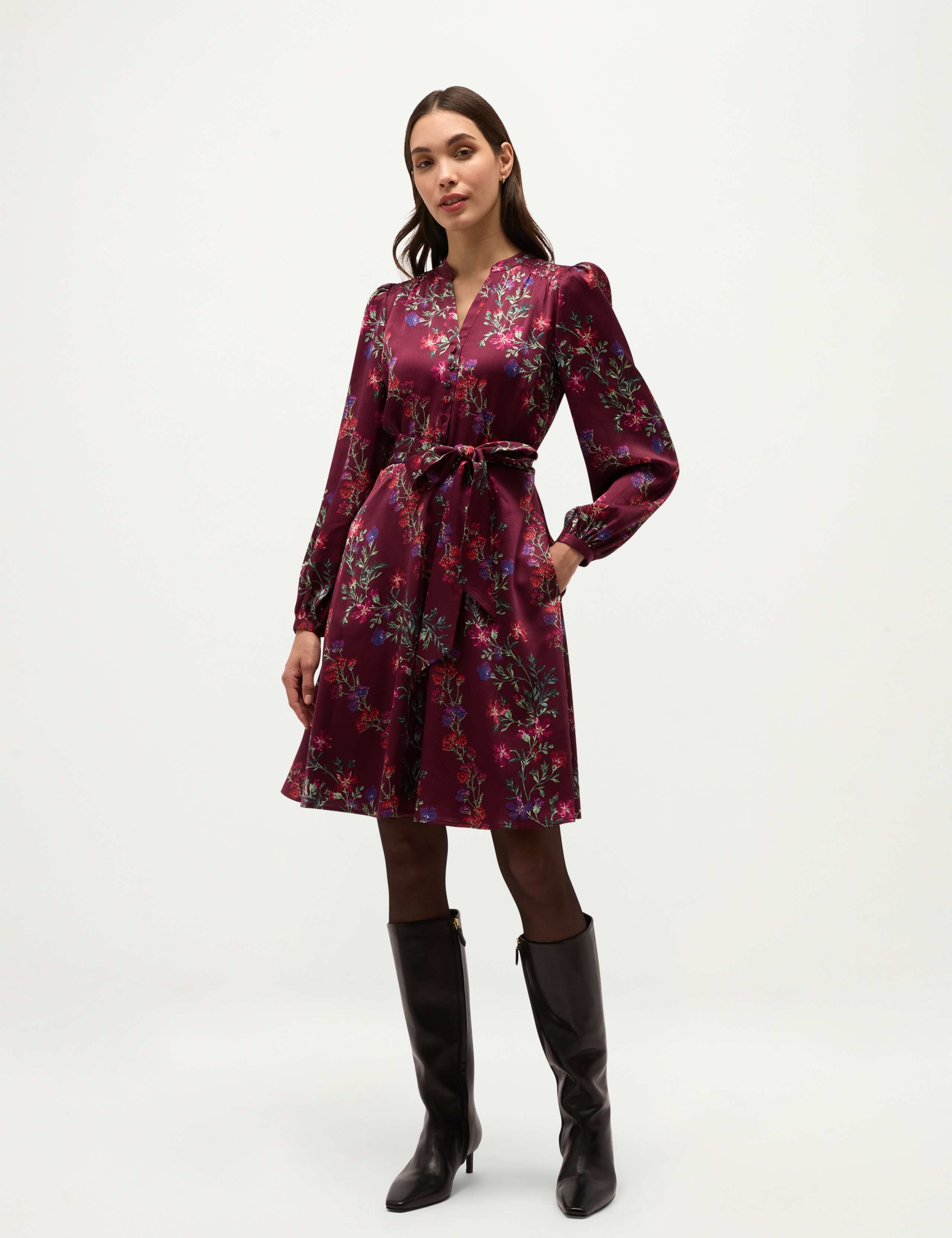 Satin Floral V Neck Tie Waist Mini Dress 1 of 6